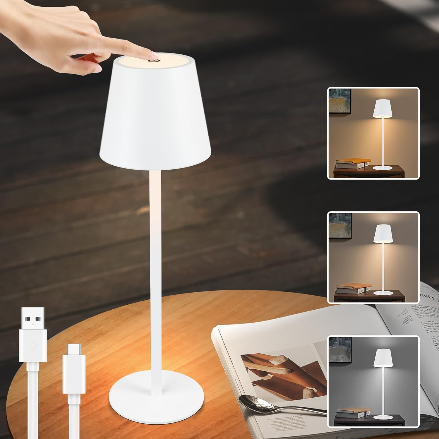 Homefire Tischlampe Kabellos LED Tischleuchte - Nachttischlampe Touch Dimmbar Schreibtischlampe IP54 Bettleuchte Tisch USB Tischlampe Aufladbar Weiß für Schreibtisch Nachttisch Schlafzimmer