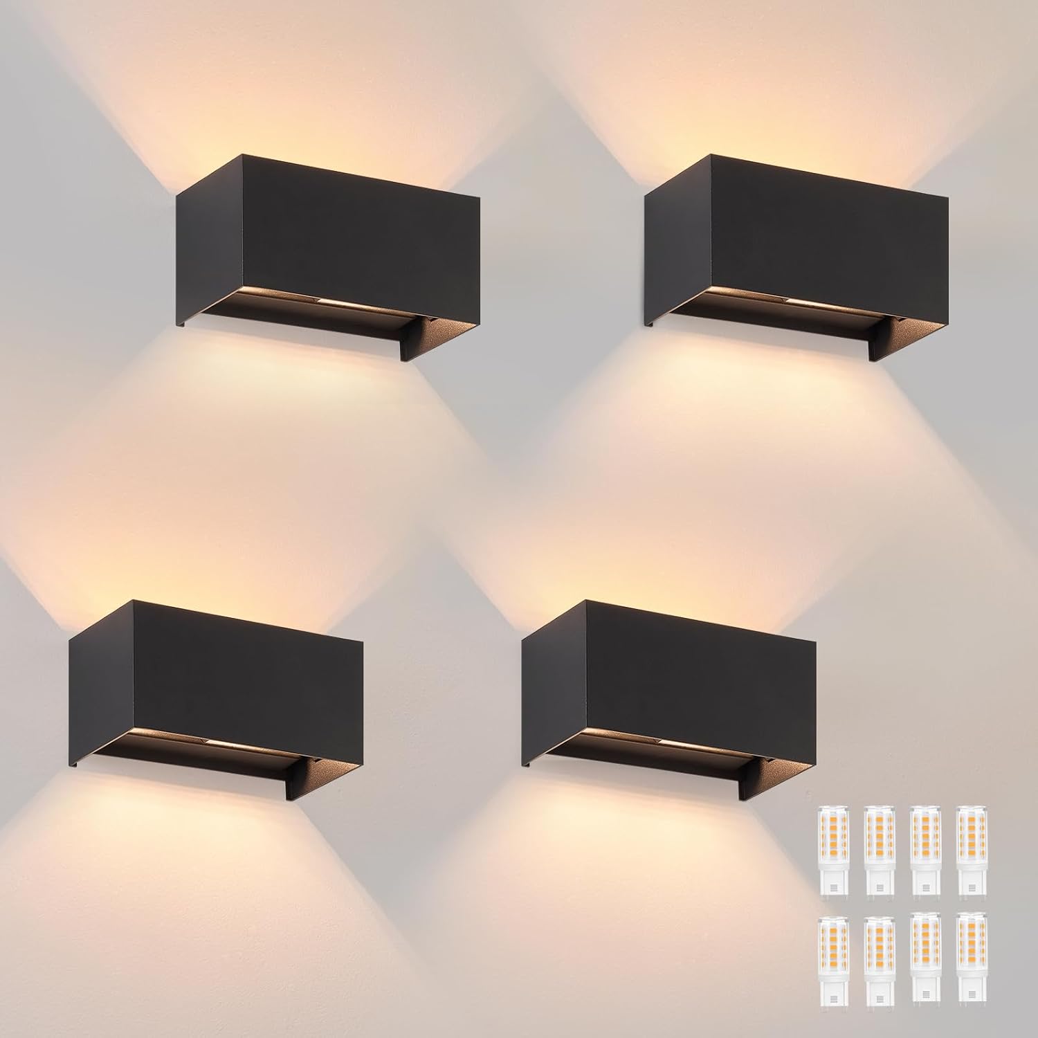 Homefire LED Wandleuchte Innen Wandlampe - 4ER Außenwandleuchten Schwarz Wandbeleuchtung Aussen Aussenlampe Up Down IP65 Ausenbeleutung 3000K Warmweiß Außenleuchte G9 für Hauswand Treppenhaus Flur