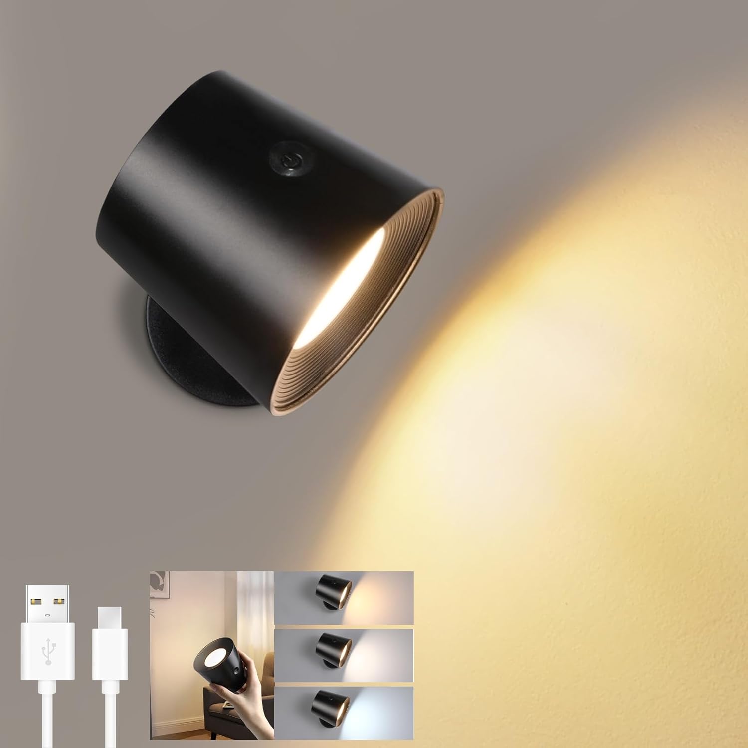 Homefire Wandlampe LED Wandleuchte Innen: Wandlampe mit akku ohne Stromanschluss mit Touch Dimmbar 360° drehbar Leselampe Schwarze Kabellose Wandlicht ohne bohren für Schlafzimmer Flur