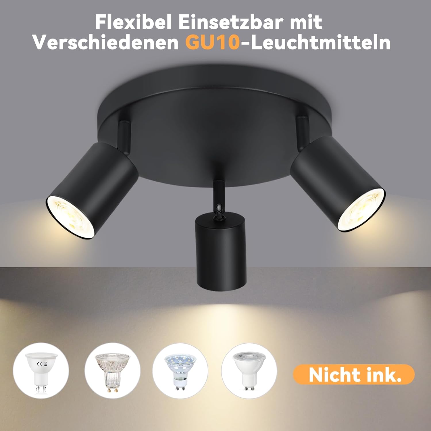 Homefire LED Deckenstrahler Deckenlampe Schwarz - 3 Flammig GU10 Deckenleuchte 350° Schwenkbar Strahler Spots Innen Deckenspot flurlampe für Wohnzimmer Küche Ohne Leuchtmittel