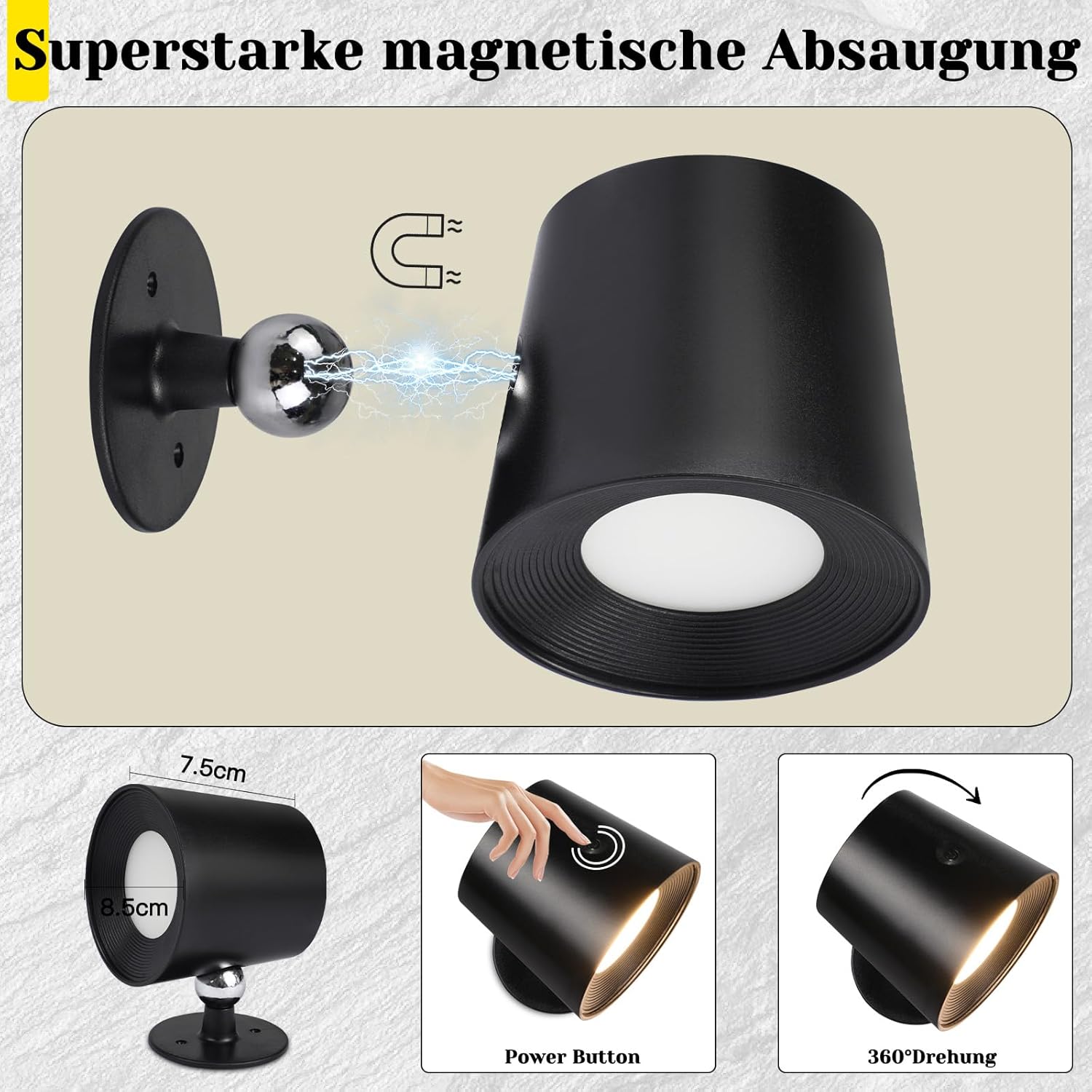 Homefire Wandlampe LED Wandleuchte Innen: Wandlampe mit akku ohne Stromanschluss mit Touch Dimmbar 360° drehbar Leselampe Schwarze Kabellose Wandlicht ohne bohren für Schlafzimmer Flur