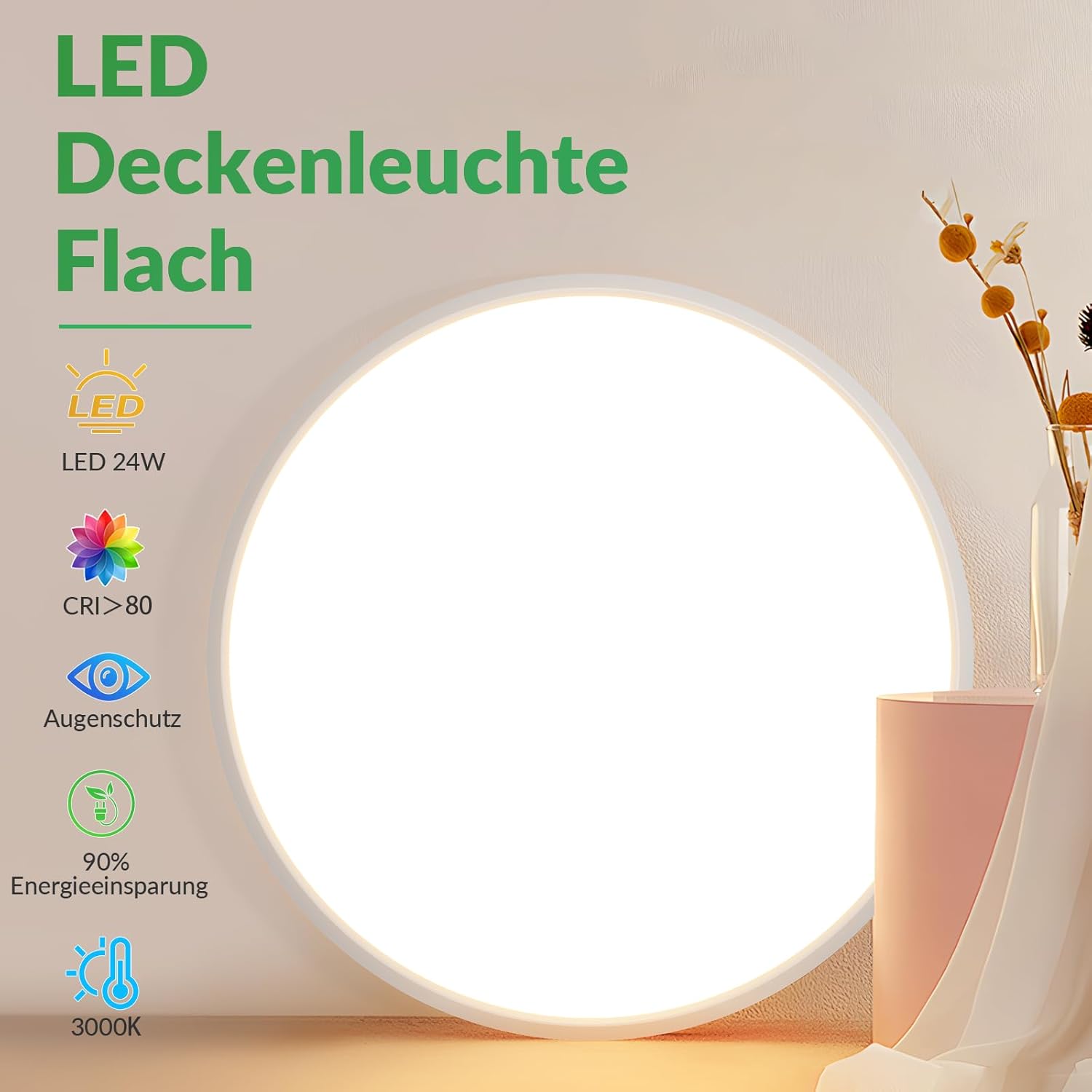 Homefire Deckenleuchte LED Deckenlampe Flach - 30CM Rund Schlafzimmerlampe Küchenlampe 24W Weiß Badezimmerlampe 3000K Schlafzimmer Deckenbeleuchtung Warmweiß Flurlampe für Bad Flur Küche Balkon