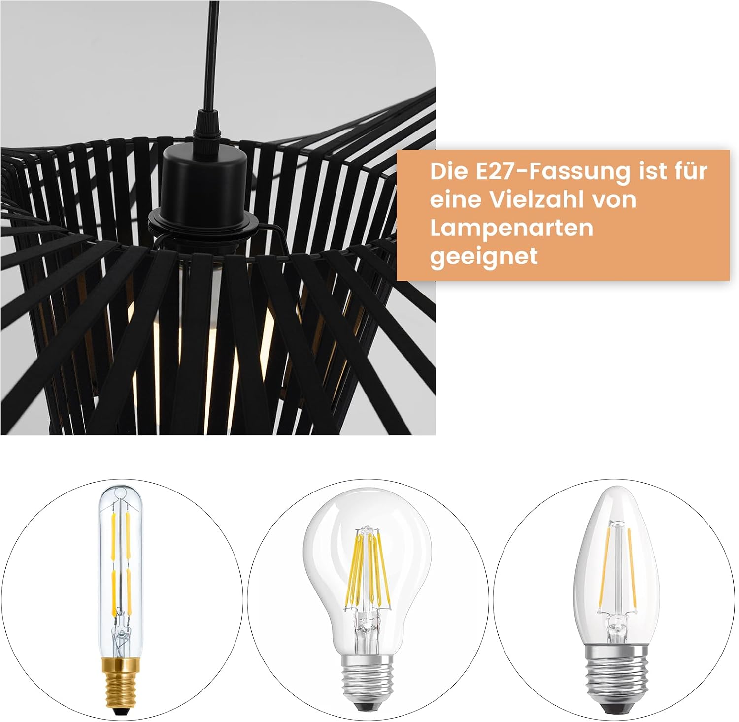 Homefire Hängelampe Schwarz Pendelleuchte E27 - Hängeleuchte Vintage 100CM Pendellampe Esszimmer Retro Kronleuchter Esstischlampe Küche Wohnzimmer Ohne Leuchtmittel