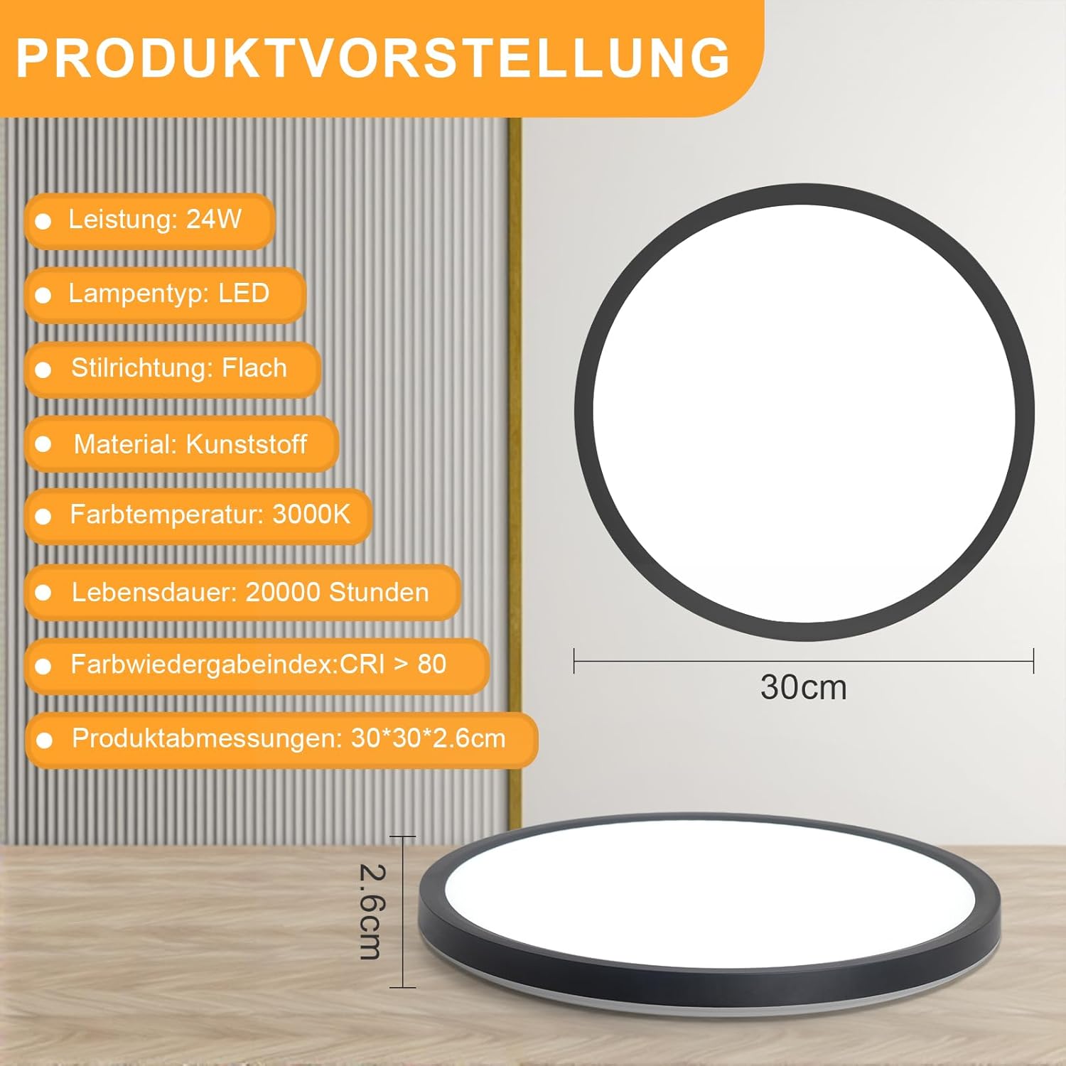 Homefire Deckenleuchte LED Deckenlampe Badezimmer - 30cm Schwarz Badezimmerlampe 24W Rund Ultra Dünn Schlafzimmerlampe 3000K Warmweiß Küchenlampe Flurlampe IP44 Wasserfest Badlampe für Bad Flur Küche
