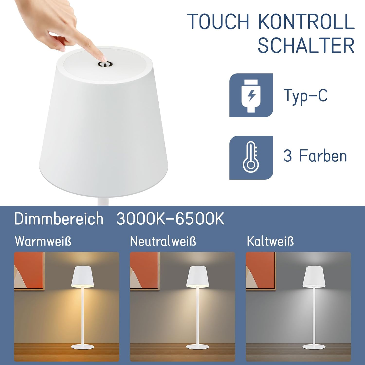 Homefire Tischlampe Kabellos LED Tischleuchte - Nachttischlampe Touch Dimmbar Schreibtischlampe IP54 Bettleuchte Tisch USB Tischlampe Aufladbar Weiß für Schreibtisch Nachttisch Schlafzimmer