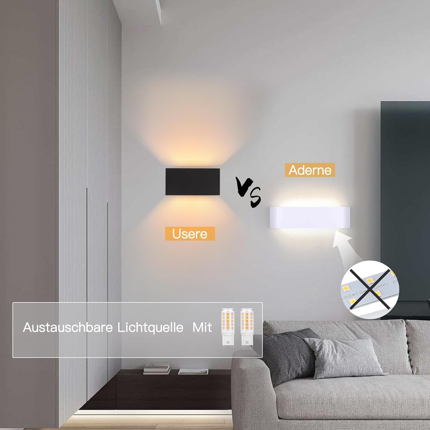 Homefire LED Wandleuchte Innen Wandlampe - 4ER Außenwandleuchten Schwarz Wandbeleuchtung Aussen Aussenlampe Up Down IP65 Ausenbeleutung 3000K Warmweiß Außenleuchte G9 für Hauswand Treppenhaus Flur