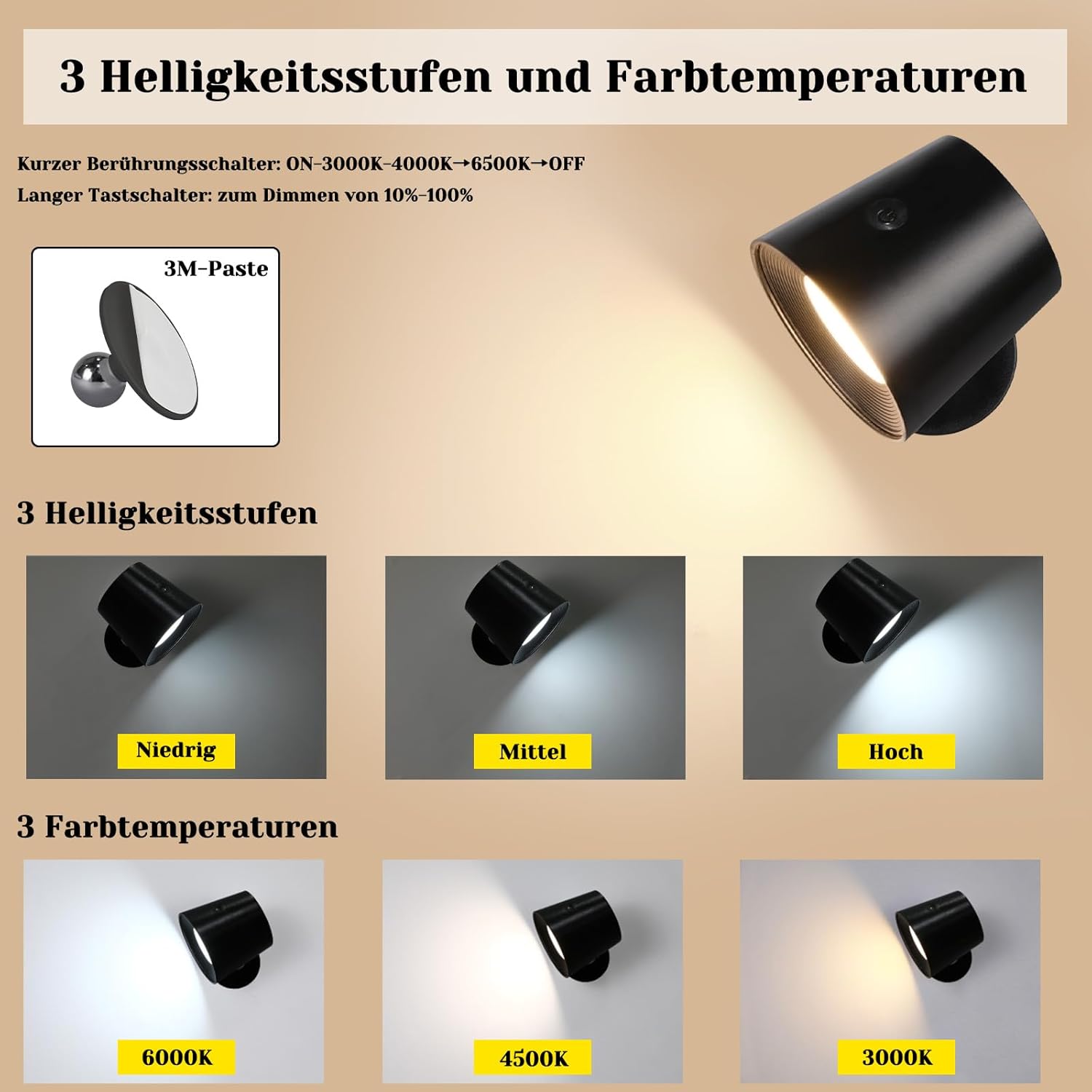 Homefire Wandlampe LED Wandleuchte Innen: Wandlampe mit akku ohne Stromanschluss mit Touch Dimmbar 360° drehbar Leselampe Schwarze Kabellose Wandlicht ohne bohren für Schlafzimmer Flur