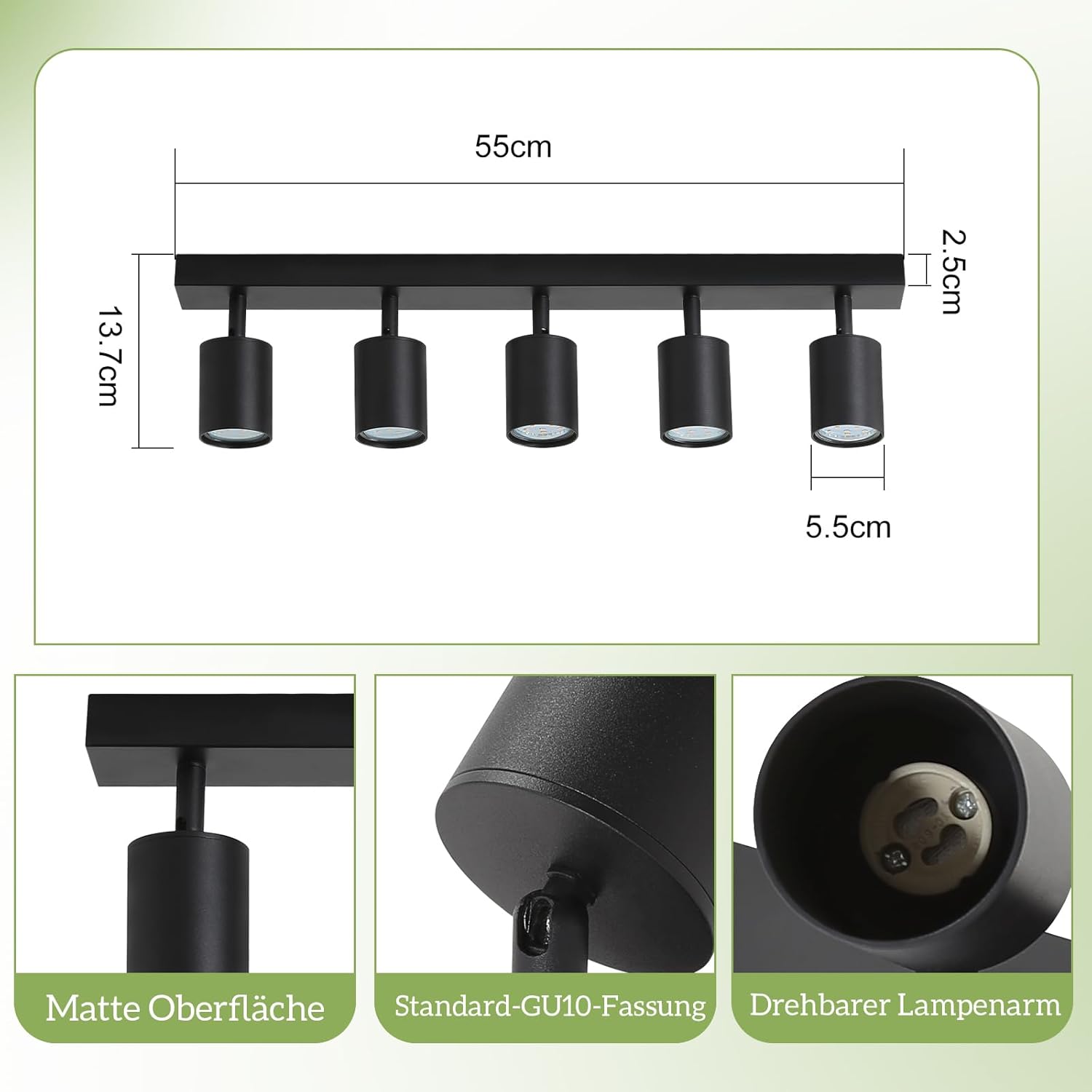 Homefire LED Deckenstrahler Deckenlampe Küche - 5 Flammig GU10 Küchenlampe Decke 350° Schwenkbar Strahler Spots Innen Deckenspot Schwarz Wohnzimmerlampe für Schlafzimmer Wohnzimmer Ohne Leuchtmittel