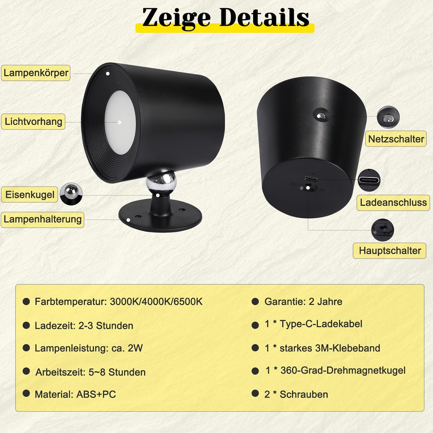 Homefire Wandlampe LED Wandleuchte Innen: Wandlampe mit akku ohne Stromanschluss mit Touch Dimmbar 360° drehbar Leselampe Schwarze Kabellose Wandlicht ohne bohren für Schlafzimmer Flur