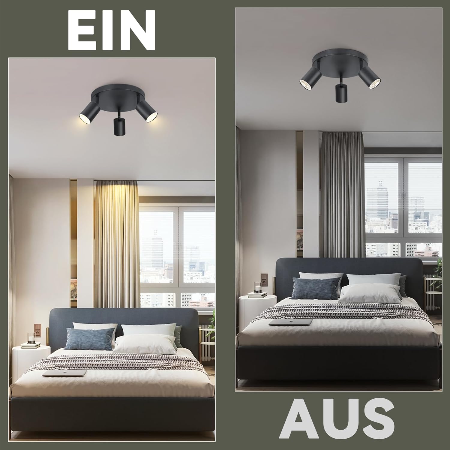 Homefire LED Deckenstrahler Deckenlampe Schwarz - 3 Flammig GU10 Deckenleuchte 350° Schwenkbar Strahler Spots Innen Deckenspot flurlampe für Wohnzimmer Küche Ohne Leuchtmittel