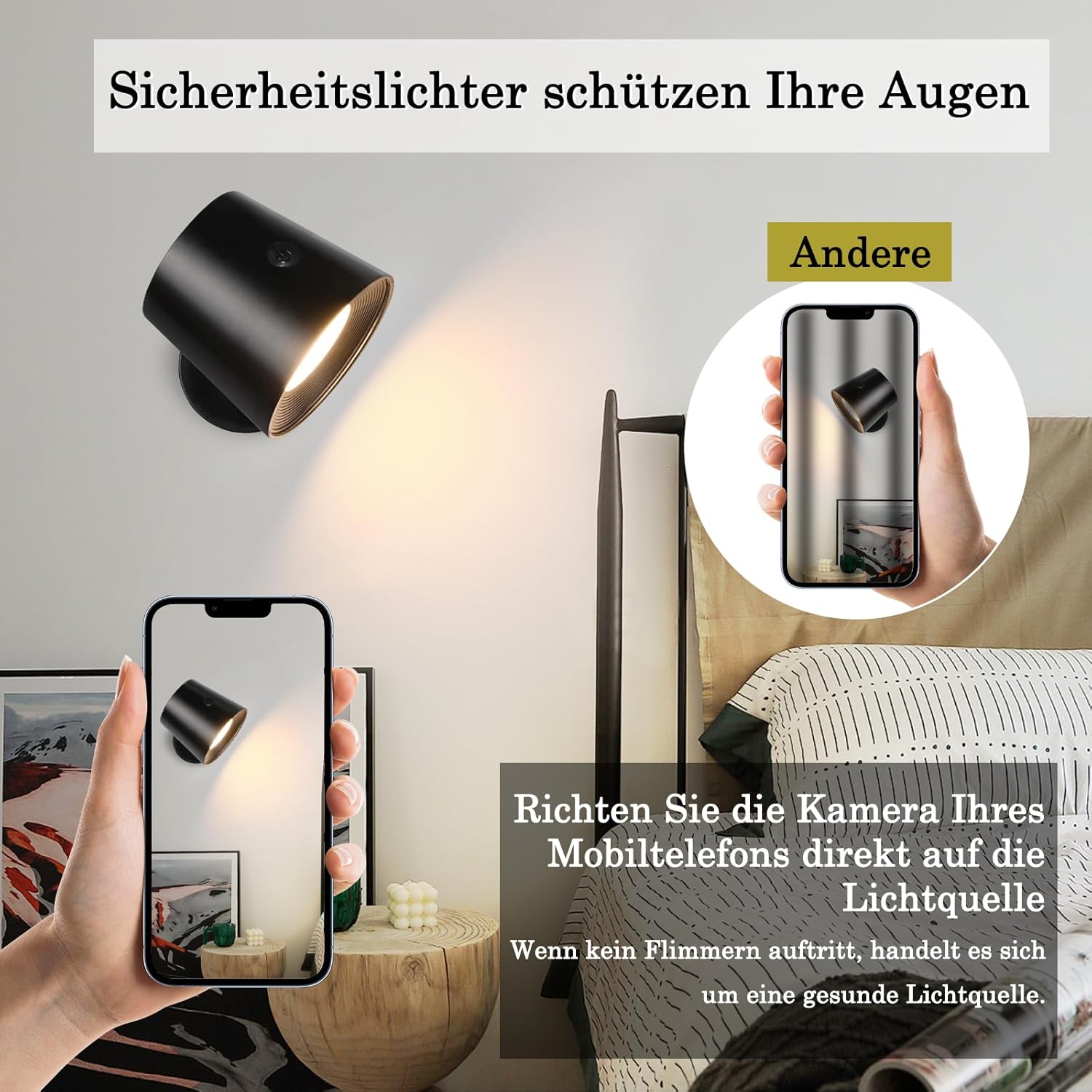Homefire Wandlampe LED Wandleuchte Innen: Wandlampe mit akku ohne Stromanschluss mit Touch Dimmbar 360° drehbar Leselampe Schwarze Kabellose Wandlicht ohne bohren für Schlafzimmer Flur