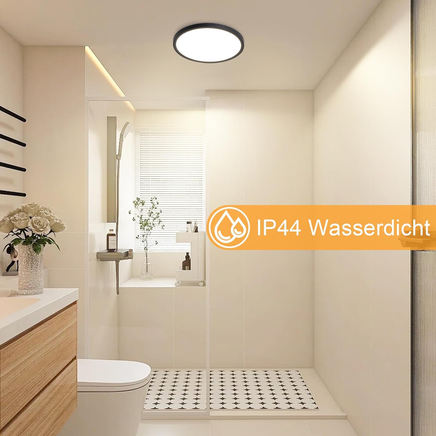 Homefire Deckenleuchte LED Deckenlampe Badezimmer - 30cm Schwarz Badezimmerlampe 24W Rund Ultra Dünn Schlafzimmerlampe 3000K Warmweiß Küchenlampe Flurlampe IP44 Wasserfest Badlampe für Bad Flur Küche