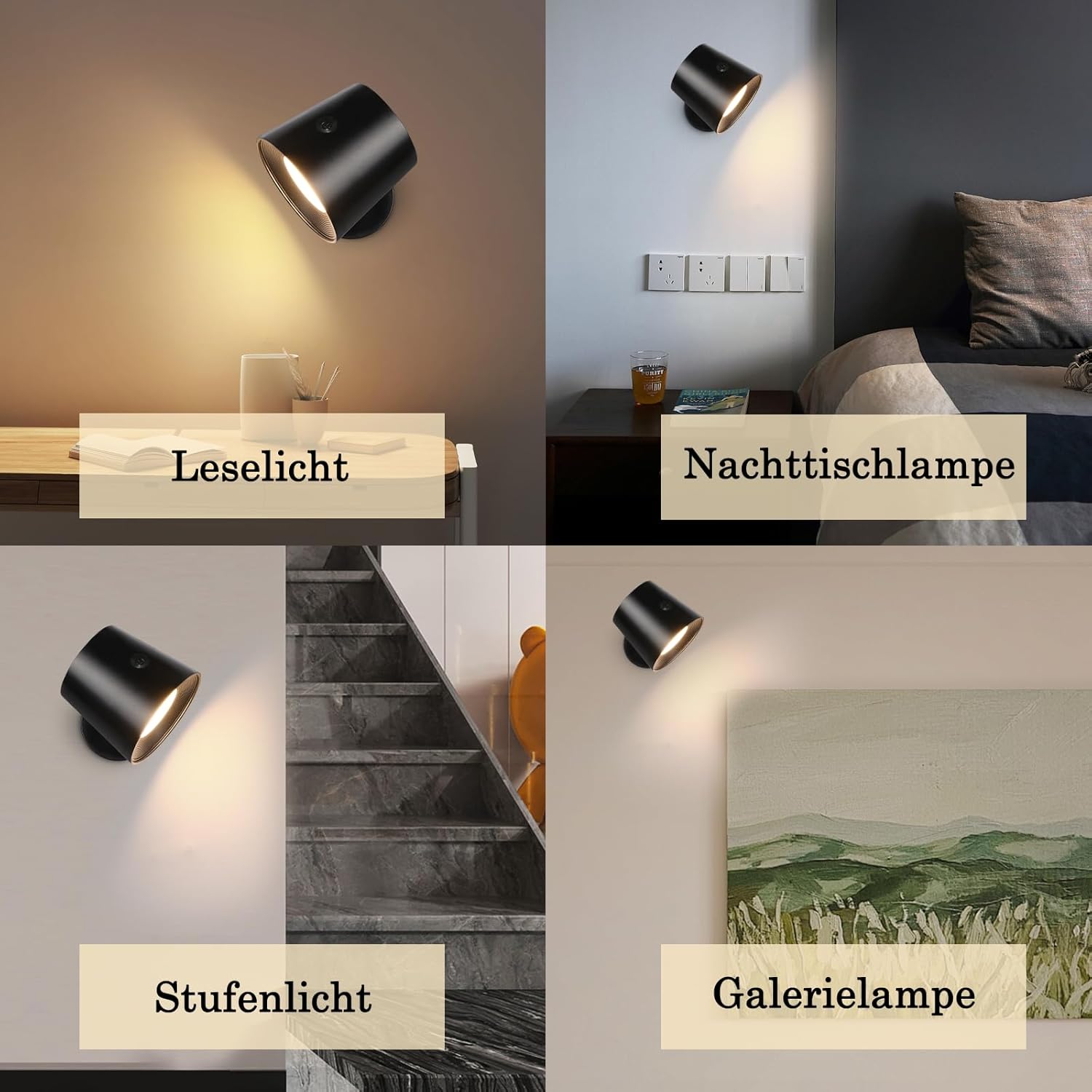 Homefire Wandlampe LED Wandleuchte Innen: Wandlampe mit akku ohne Stromanschluss mit Touch Dimmbar 360° drehbar Leselampe Schwarze Kabellose Wandlicht ohne bohren für Schlafzimmer Flur