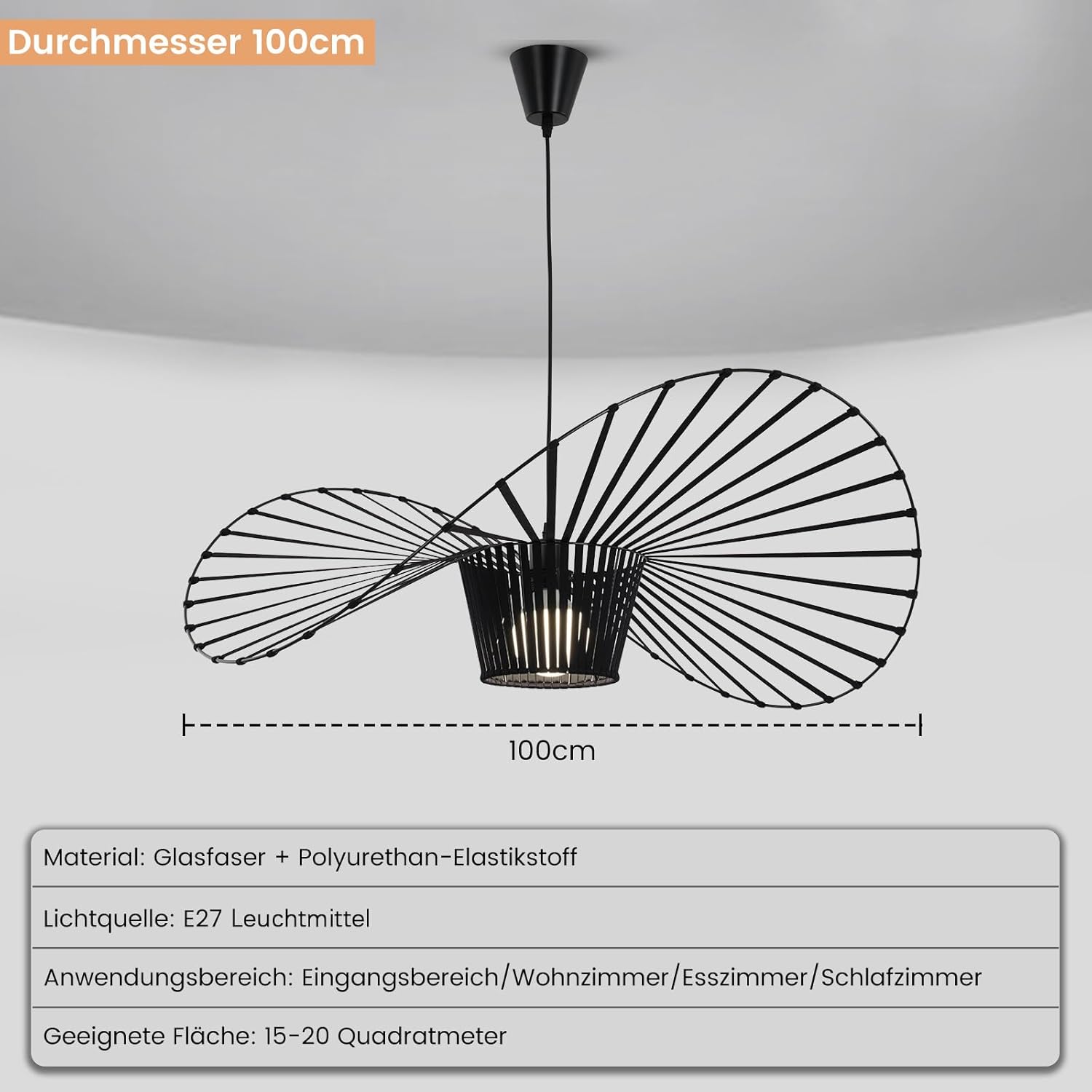 Homefire Hängelampe Schwarz Pendelleuchte E27 - Hängeleuchte Vintage 100CM Pendellampe Esszimmer Retro Kronleuchter Esstischlampe Küche Wohnzimmer Ohne Leuchtmittel