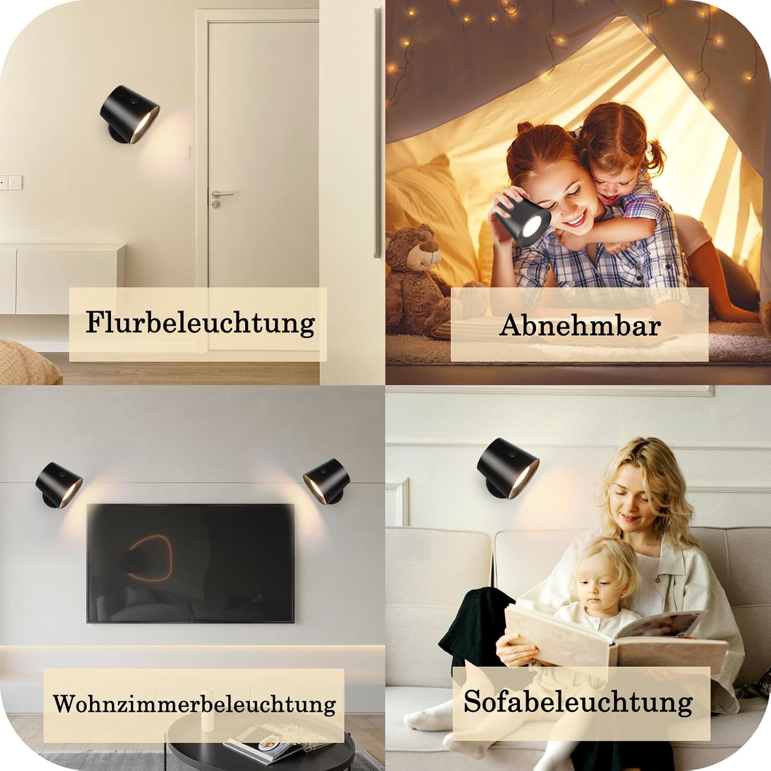 Homefire Wandlampe LED Wandleuchte Innen: Wandlampe mit akku ohne Stromanschluss mit Touch Dimmbar 360° drehbar Leselampe Schwarze Kabellose Wandlicht ohne bohren für Schlafzimmer Flur