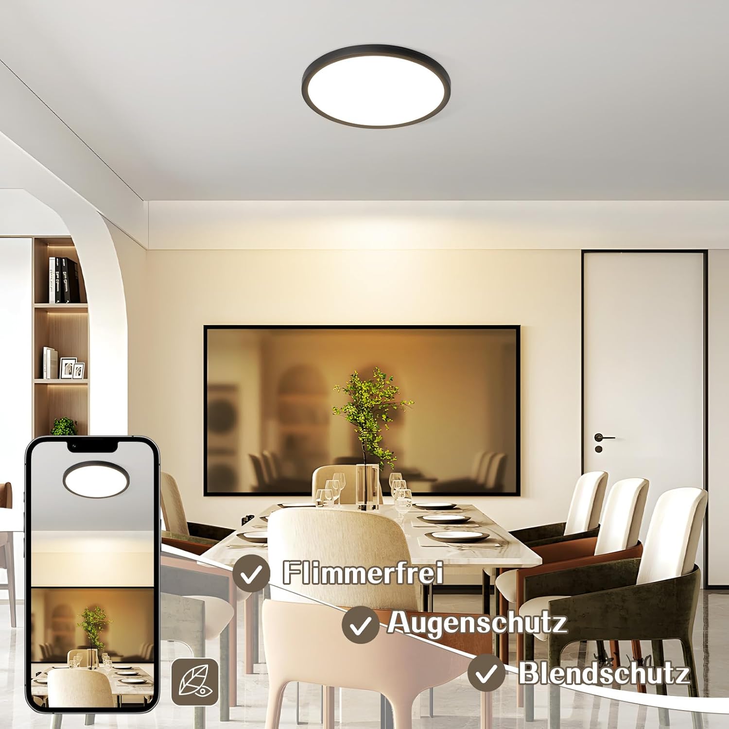 Homefire Deckenlampe LED Deckenleuchte Flach - Rund Badezimmerlampe 18CM IP44 Wasserdicht Badlampe Küchenlampe Decke Schwarz Flurlampe 15W Augenschutz 3000K/4000K/6500K für Bad Küche Flur