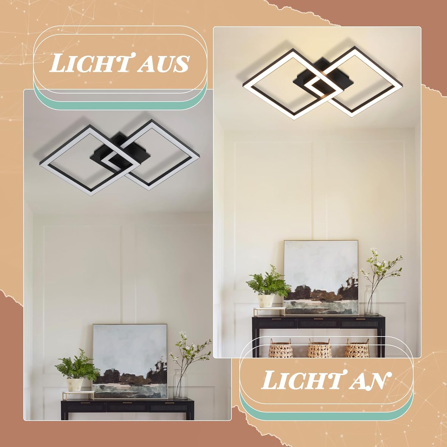 Homefire Deckenlampe LED Deckenleuchte Küche: 24W Küchenlampe Schwarz Wohnzimmerlampe Modern Design Flurlampe Warmweiß Flur Schlafzimmerlampe Eckig Deckenbeleuchtung für Wohnzimmer Schlafzimmer