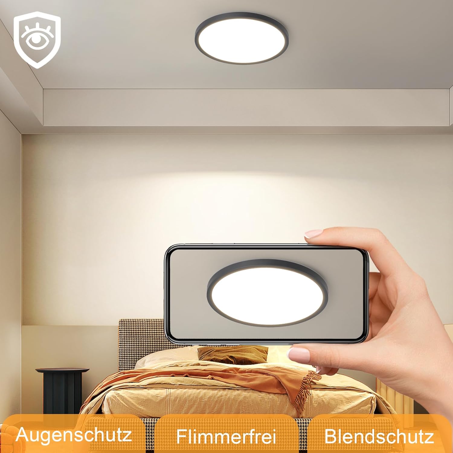 Homefire Deckenleuchte LED Deckenlampe Badezimmer - 30cm Schwarz Badezimmerlampe 24W Rund Ultra Dünn Schlafzimmerlampe 3000K Warmweiß Küchenlampe Flurlampe IP44 Wasserfest Badlampe für Bad Flur Küche
