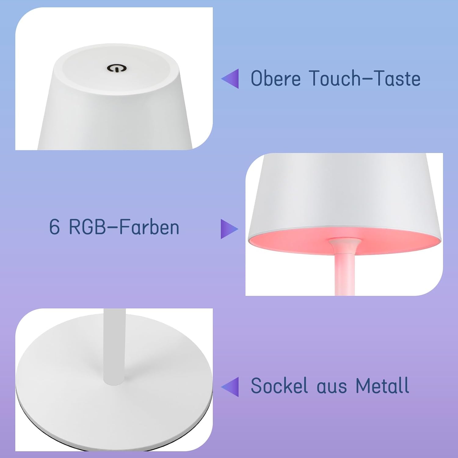 Homefire 2ER Tischlampe Kabellos LED Tischleuchte - Nachttischlampe RGB Touch Dimmbar Schreibtischlampe IP54 Bettlampe Tisch USB Nachttischleuchte Metall Aufladbar Weiß für Schreibtisch Nachttisch
