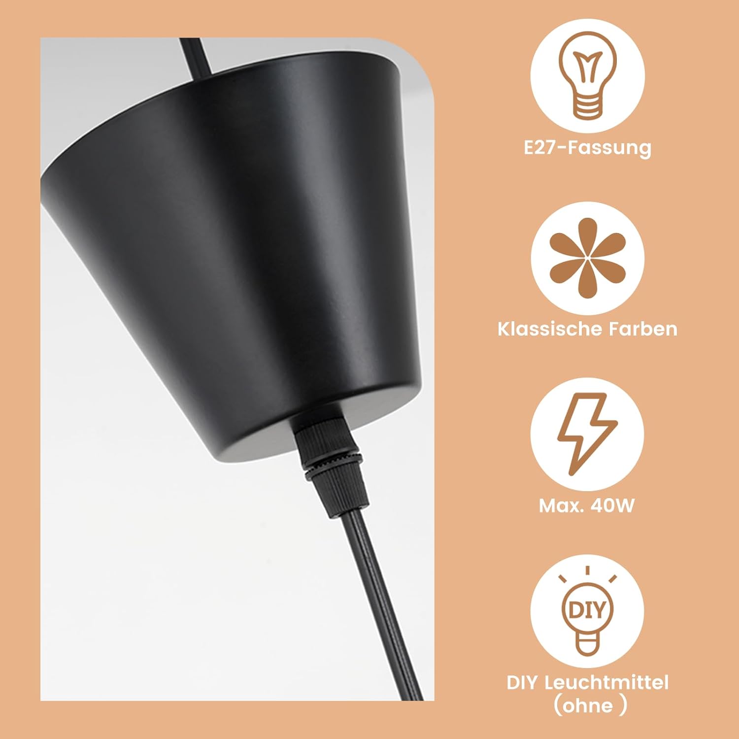 Homefire Hängelampe Schwarz Pendelleuchte E27 - Hängeleuchte Vintage 100CM Pendellampe Esszimmer Retro Kronleuchter Esstischlampe Küche Wohnzimmer Ohne Leuchtmittel