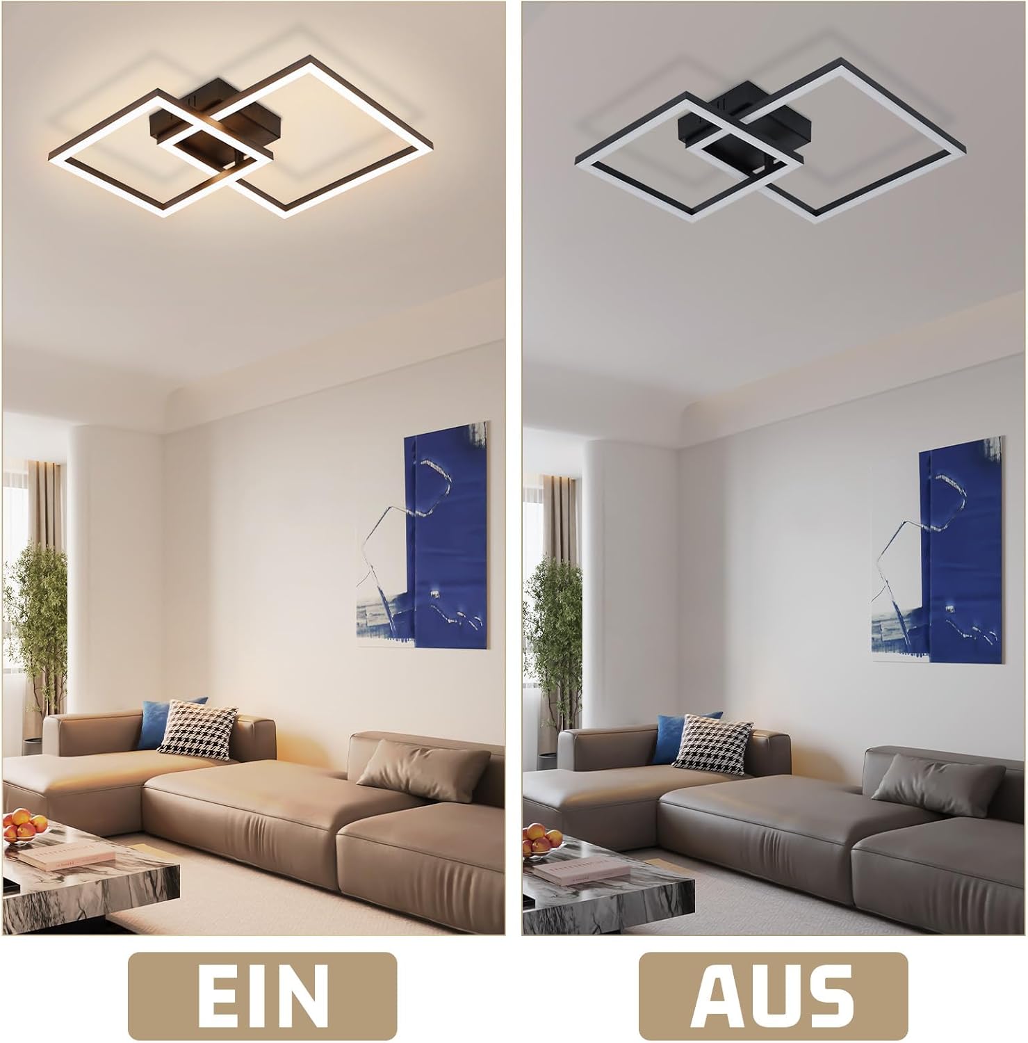 Homefire Deckenlampe LED Deckenleuchte Küche - 20W Schlafzimmerlampe Warmweiß 3000K Küchenlampe Drehbare Modern Design Schwarz Flurlampe Eckig Deckenbeleuchtung für Schlafzimmer Wohnzimmer Büro