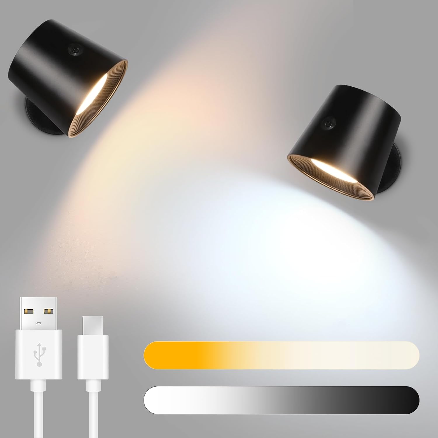Homefire Wandlampe LED Wandleuchte Innen: Wandlampe mit akku ohne Stromanschluss mit Touch Dimmbar 360° drehbar Leselampe Schwarze Kabellose Wandlicht ohne bohren für Schlafzimmer Flur