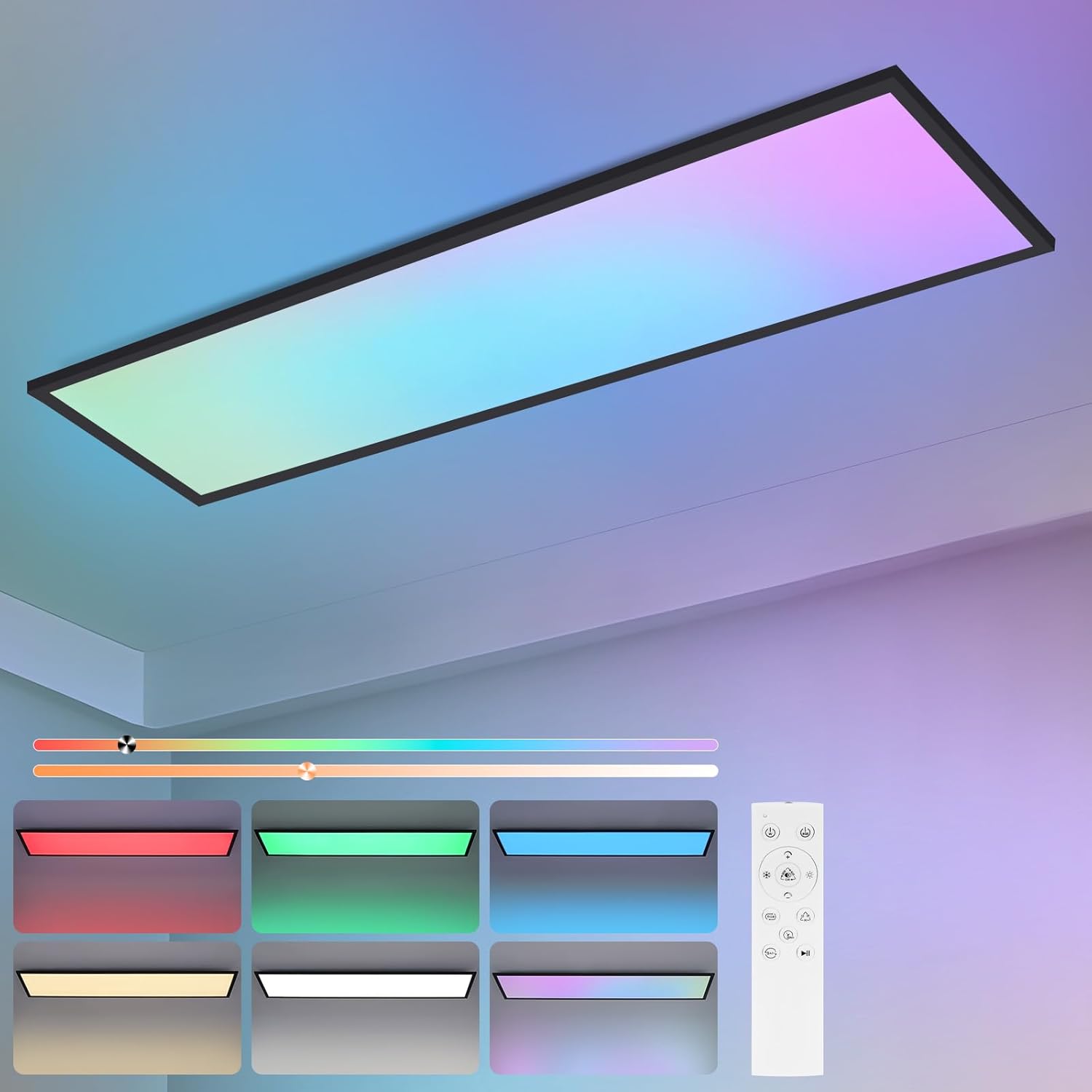 Homefire Deckenlampe LED Panel 120x30cm - Deckenleuchte Dimmbar Rechteckig 39W Deckenpanel Farbwechsel RGB + CCT Küchenlampe mit Fernbedienung Flach Bürolampe für Wohnzimmer Esszimmer Schlafzimmer