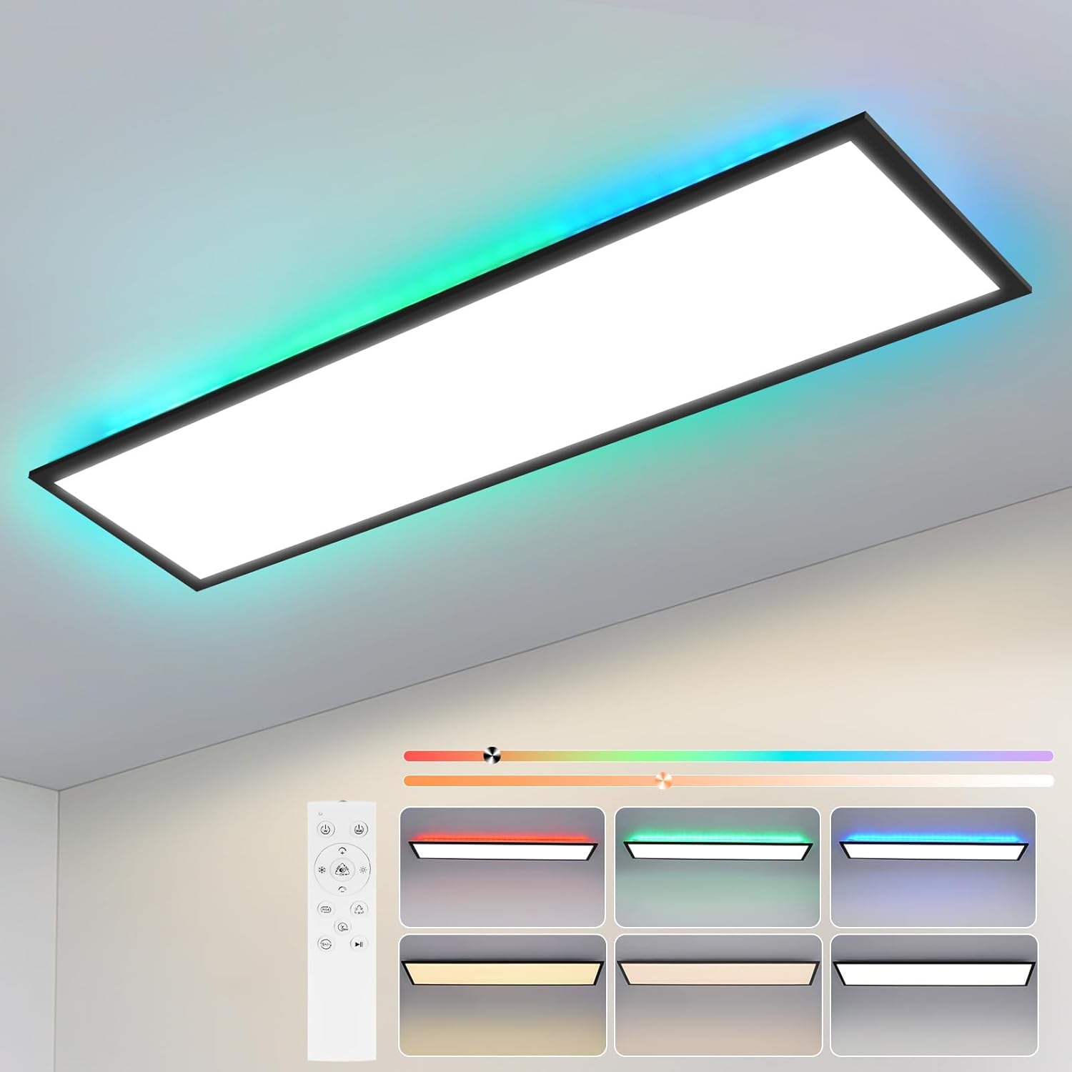 Homefire Deckenlampe LED Panel 120x30cm - Deckenleuchte Dimmbar 36W Farbwechsel Flach Bürolampe Stufenloses Dimmen 10%-100% Deckenpanel Küchenlampe mit Fernbedienung RGB Vier Modi für Wohnzimmer Büro