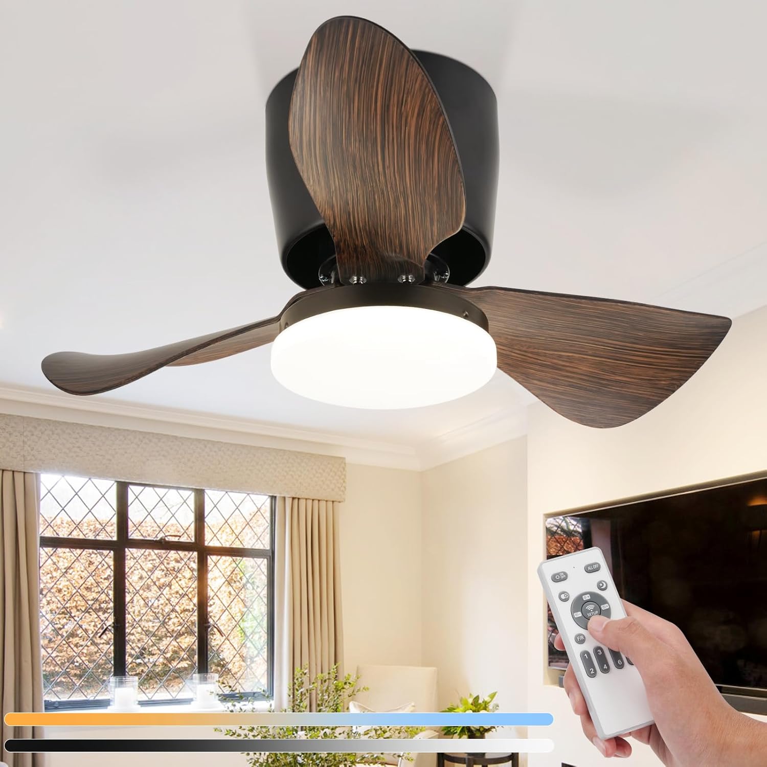 Homefire Deckenventilator Mit Beleuchtung und Fernbedienung Leise - 23W Dimmbar LED Deckenlampe mit Ventilator 70CM Schwarz Deckenventilatoren mit Licht Sommer/Winter 6-Gang Timer für Wohnzimmer Küche