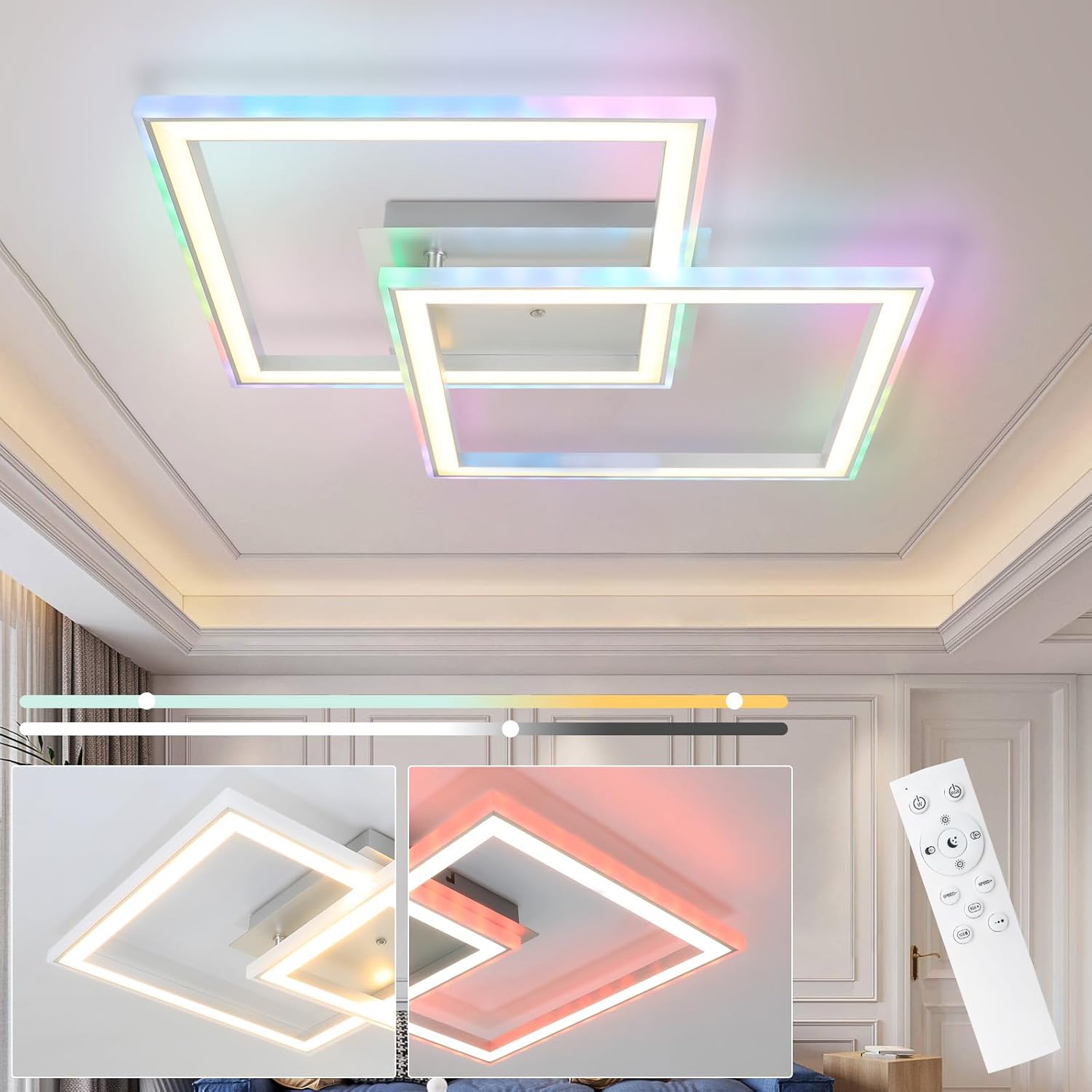 Homefire Deckenlampe LED Deckenleuchte Wohnzimmer - Schlafzimmerlampe RGB Farbwechsel Dimmbar Wohnzimmerlampe Modern Flurlampe mit Fernbedienung 35W Küche Deckenbeleuchtung Schwenkbar für Flur Büro