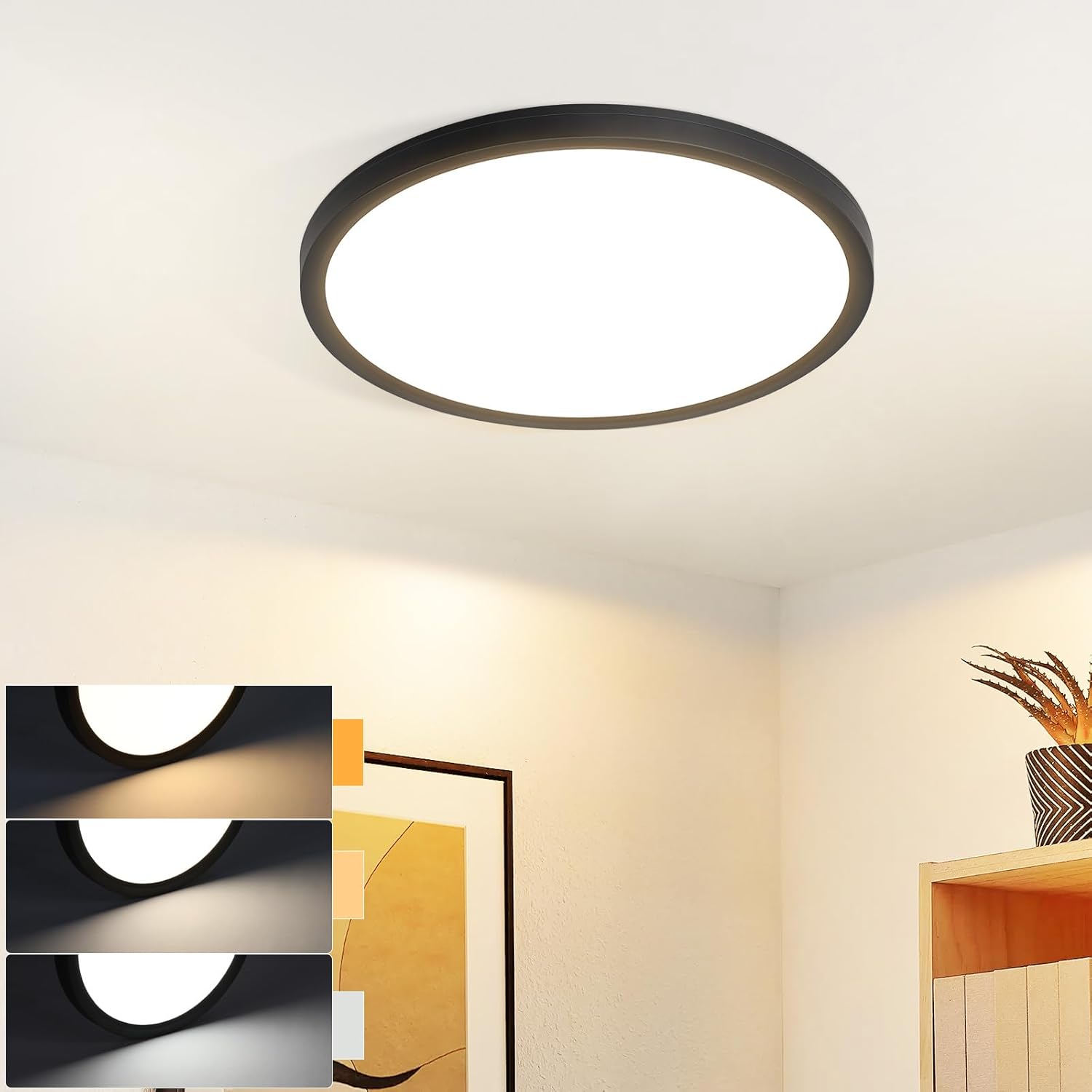 Homefire Deckenlampe LED Deckenleuchte Flach - Rund Badezimmerlampe 18CM IP44 Wasserdicht Badlampe Küchenlampe Decke Schwarz Flurlampe 15W Augenschutz 3000K/4000K/6500K für Bad Küche Flur