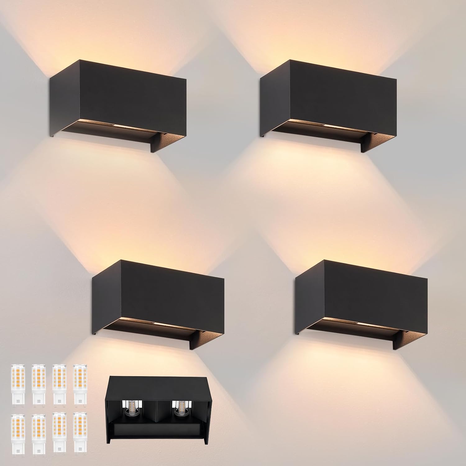 Homefire LED Wandleuchte Aussen Wandlampe - 4ER 2 Flammig Außenwandleuchte Schwarz IP65 Wasserdicht Aussenlampe 3000K Up Down Wandleuchten Innen/Aussen G9 Flurlampe für Hauswand Treppenhaus