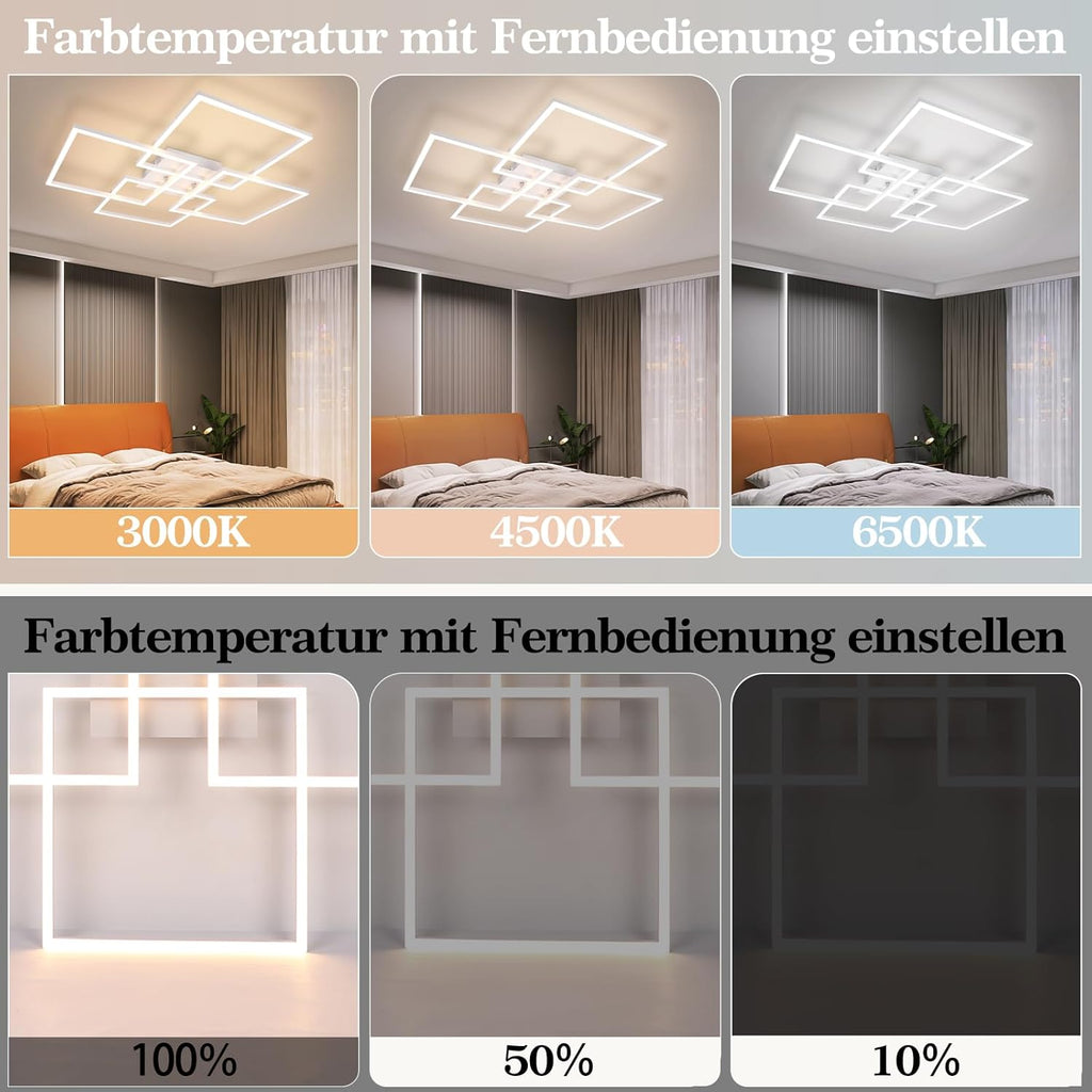 Homefire Deckenlampe Wohnzimmer LED Deckenleuchte - 48W Modern Wohnzimmerlampe Stufenloses Dimmbar 3000K - 6500K Weiß Schlafzimmerlampe mit Fernbedienung Eckig Deckenbeleuchtung für Schlafzimme Küche