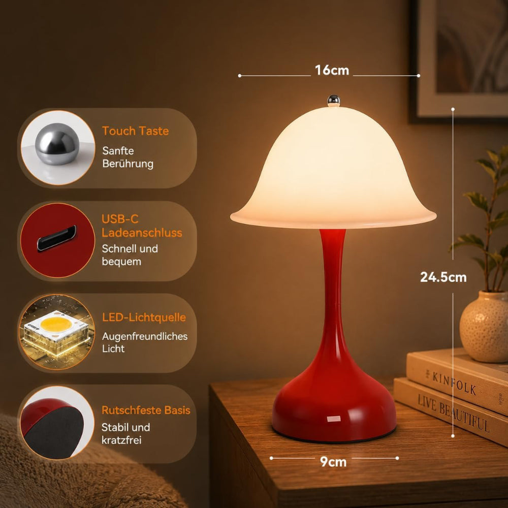 Nachttischlampe LED Tischlampe Kabellos - Akku Tischleuchte Touch Dimmbar 2000K-6500K Tischlampen USB Aufladbare Batterie Rot Nachttischlampen Modern Design Tischleuchten für Esstisch Esszimmer