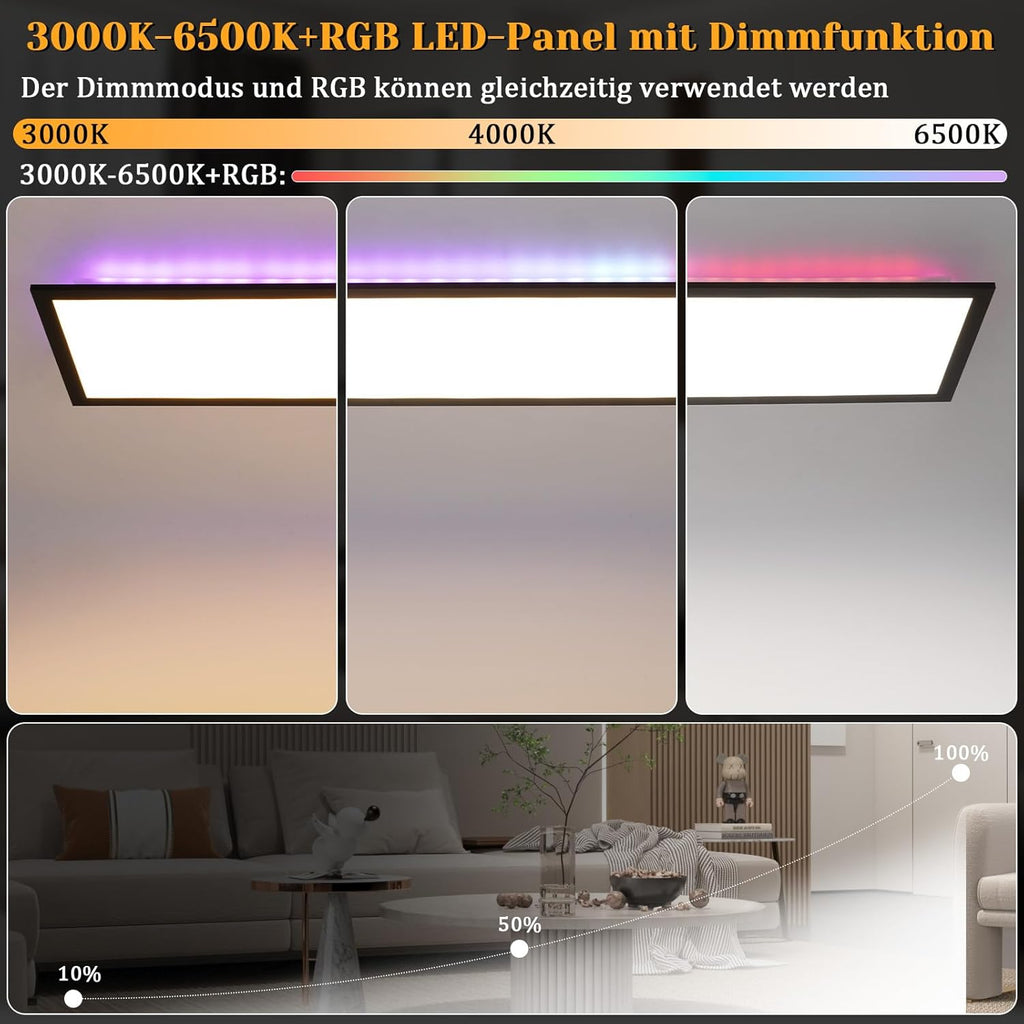 Homefire Deckenlampe LED Panel 120x30cm - Deckenleuchte Dimmbar 36W Farbwechsel Flach Bürolampe Stufenloses Dimmen 10%-100% Deckenpanel Küchenlampe mit Fernbedienung RGB Vier Modi für Wohnzimmer Büro