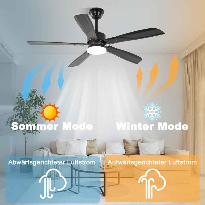Homefire LED Deckenventilator Mit Beleuchtung Leise - 125CM groß Dimmbar 23W Schwarz Deckenlampe mit Ventilator und Fernbedienung Deckenleuchte Fan 6-Gang Timer für Schlafzimmer Küche Wohnzimmer