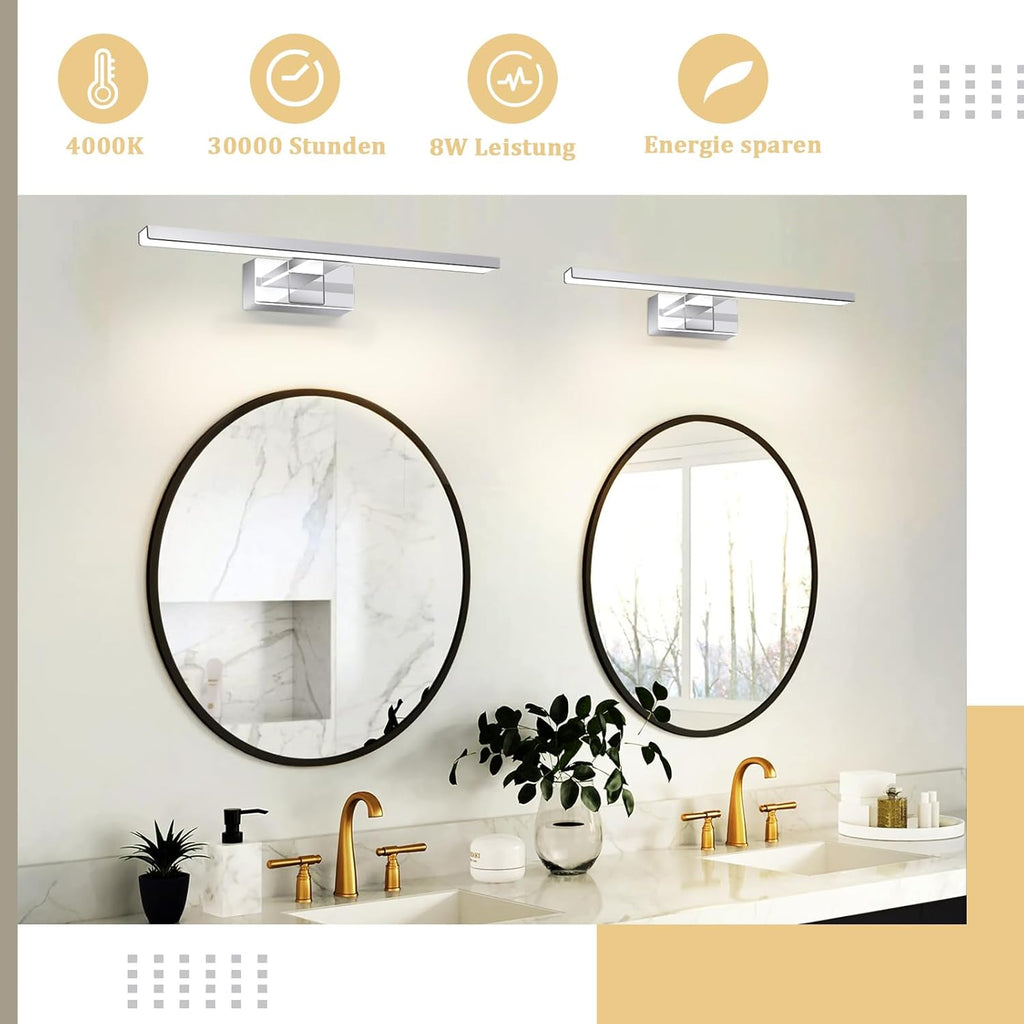 Homefire LED Spiegelleuchte Bad Spiegellampe - Badleuchte Wand 40CM Wandlampe Badezimmer 8W Wasserdicht IP44 Wandleuchte Chrom Modern Neutralweiß 4000K Badlampe Wandmontage für Keller Küche Badschrank