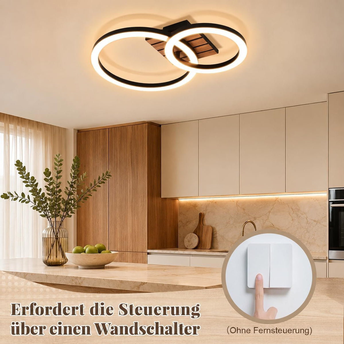 Homefire Deckenleuchte Wohnzimmer Deckenlampe LED - 44cm Küchenlampe 3000K Warmweiß Flur 14W Modern Schlafzimmerlampe 2-Ring Design Wohnzimmerlampe in Holzoptik für Küche Schlafzimmer Büro