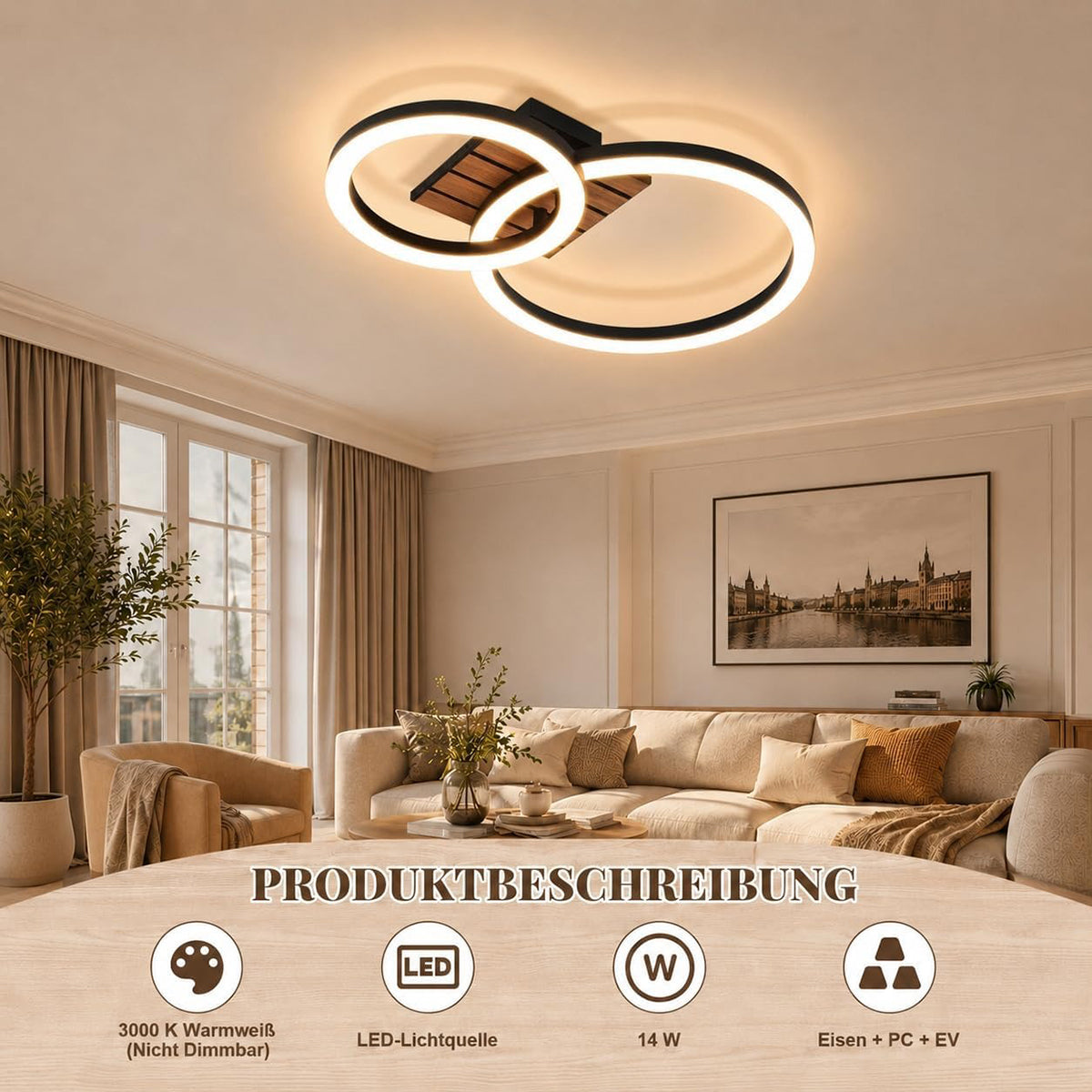 Homefire Deckenleuchte Wohnzimmer Deckenlampe LED - 44cm Küchenlampe 3000K Warmweiß Flur 14W Modern Schlafzimmerlampe 2-Ring Design Wohnzimmerlampe in Holzoptik für Küche Schlafzimmer Büro