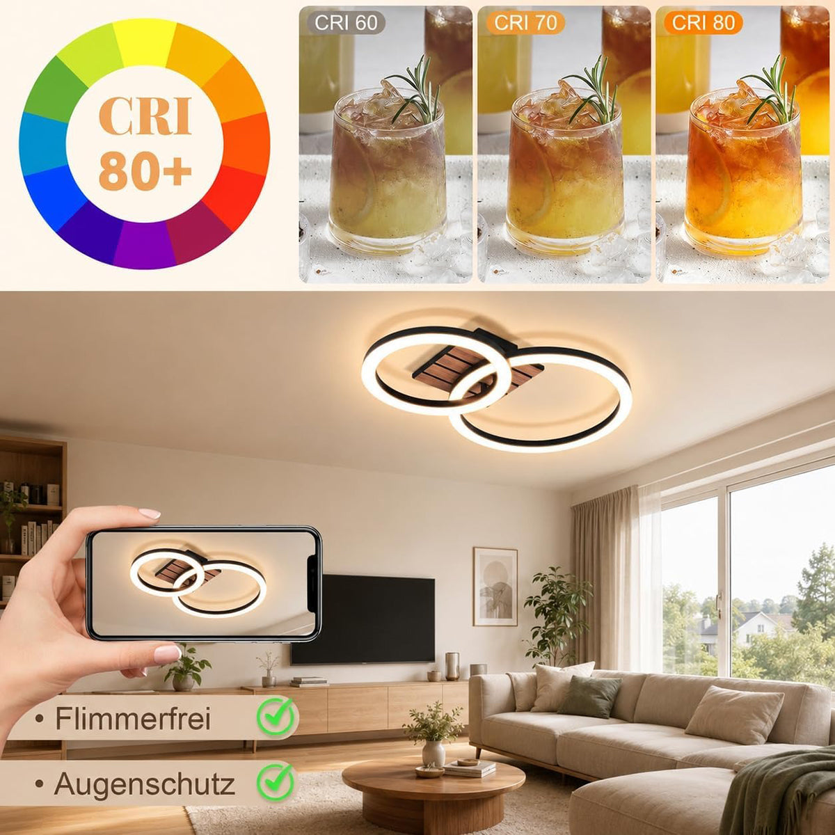 Homefire Deckenleuchte Wohnzimmer Deckenlampe LED - 44cm Küchenlampe 3000K Warmweiß Flur 14W Modern Schlafzimmerlampe 2-Ring Design Wohnzimmerlampe in Holzoptik für Küche Schlafzimmer Büro