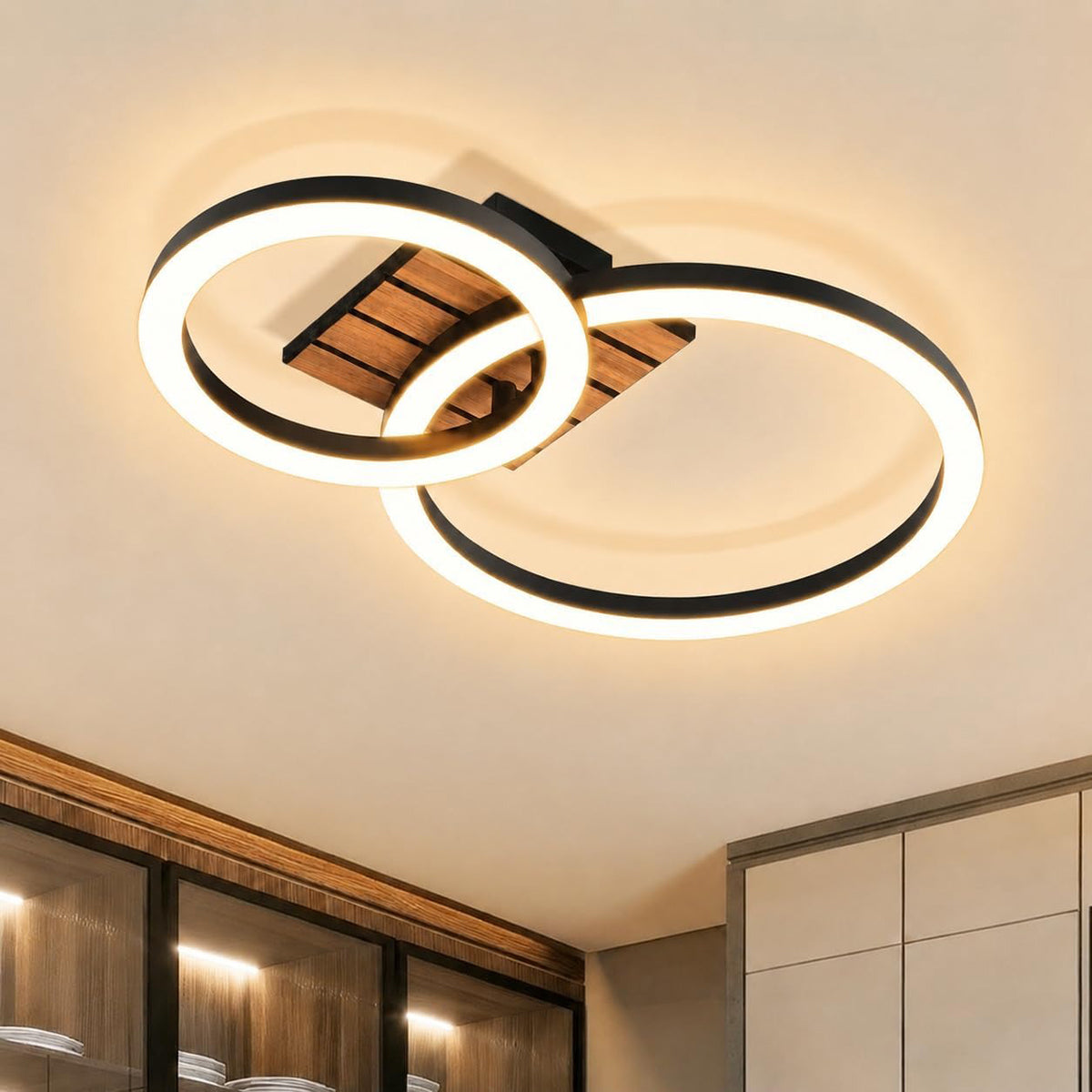 Homefire Deckenleuchte Wohnzimmer Deckenlampe LED - 44cm Küchenlampe 3000K Warmweiß Flur 14W Modern Schlafzimmerlampe 2-Ring Design Wohnzimmerlampe in Holzoptik für Küche Schlafzimmer Büro