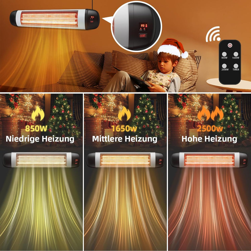 Homefire Heizstrahler Terrasse Infrarotheizung - 2500W Infrarot Strahler Outdoor mit Fernbedienung Elektrisch Wärmestrahler Wandmontage 3 Heizstufen Terrassenstrahler Aussen für Bad Balkon Garten