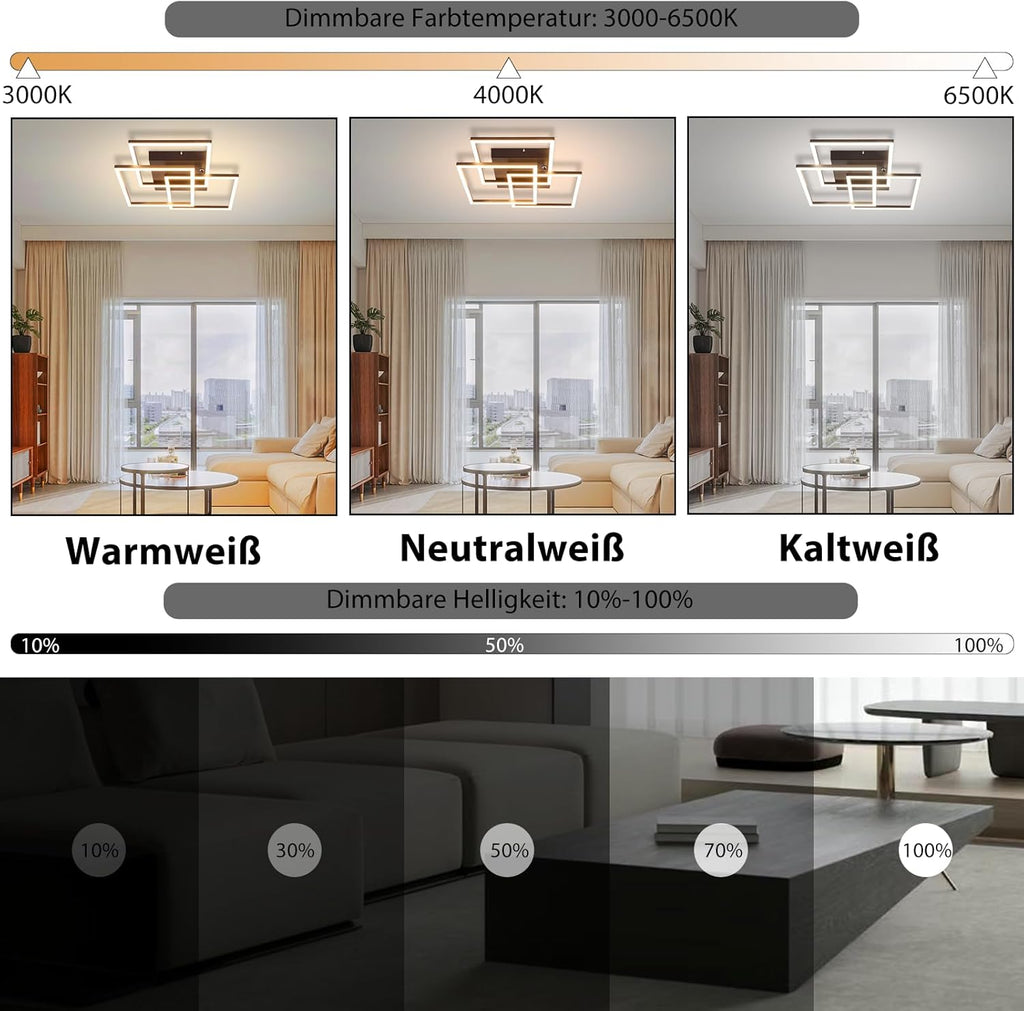 Homefire Deckenlampe LED Deckenleuchte Wohnzimmer - 36W Dimmbar Modern Design Wohnzimmerlampe Schwarz mit Fernbedienung Küchenlampe Flur Schlafzimmerlampe Eckig Deckenleuchten für Küche Büro