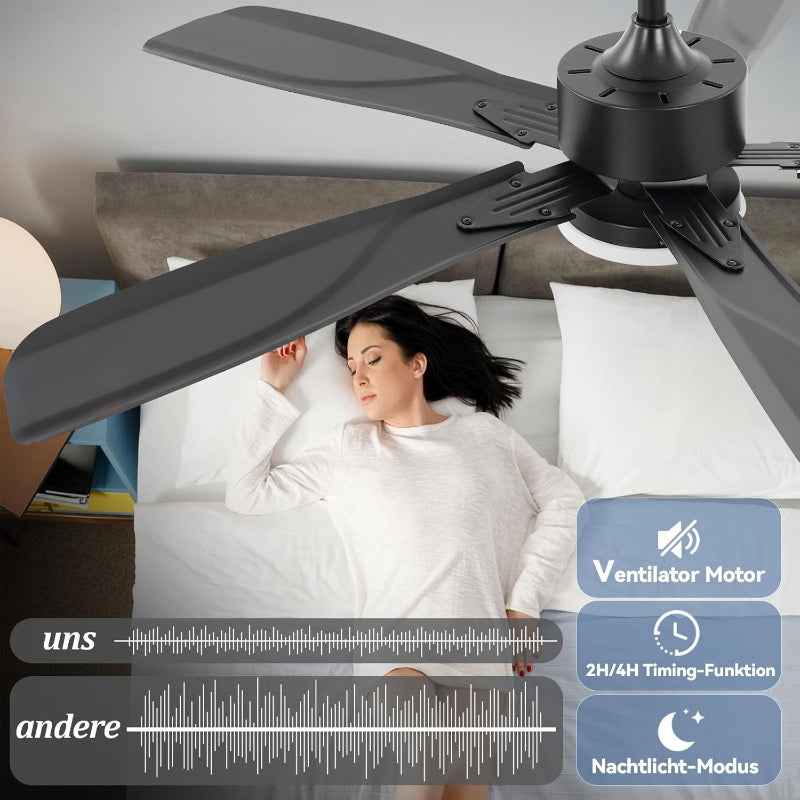 Homefire LED Deckenventilator Mit Beleuchtung Leise - 125CM groß Dimmbar 23W Schwarz Deckenlampe mit Ventilator und Fernbedienung Deckenleuchte Fan 6-Gang Timer für Schlafzimmer Küche Wohnzimmer