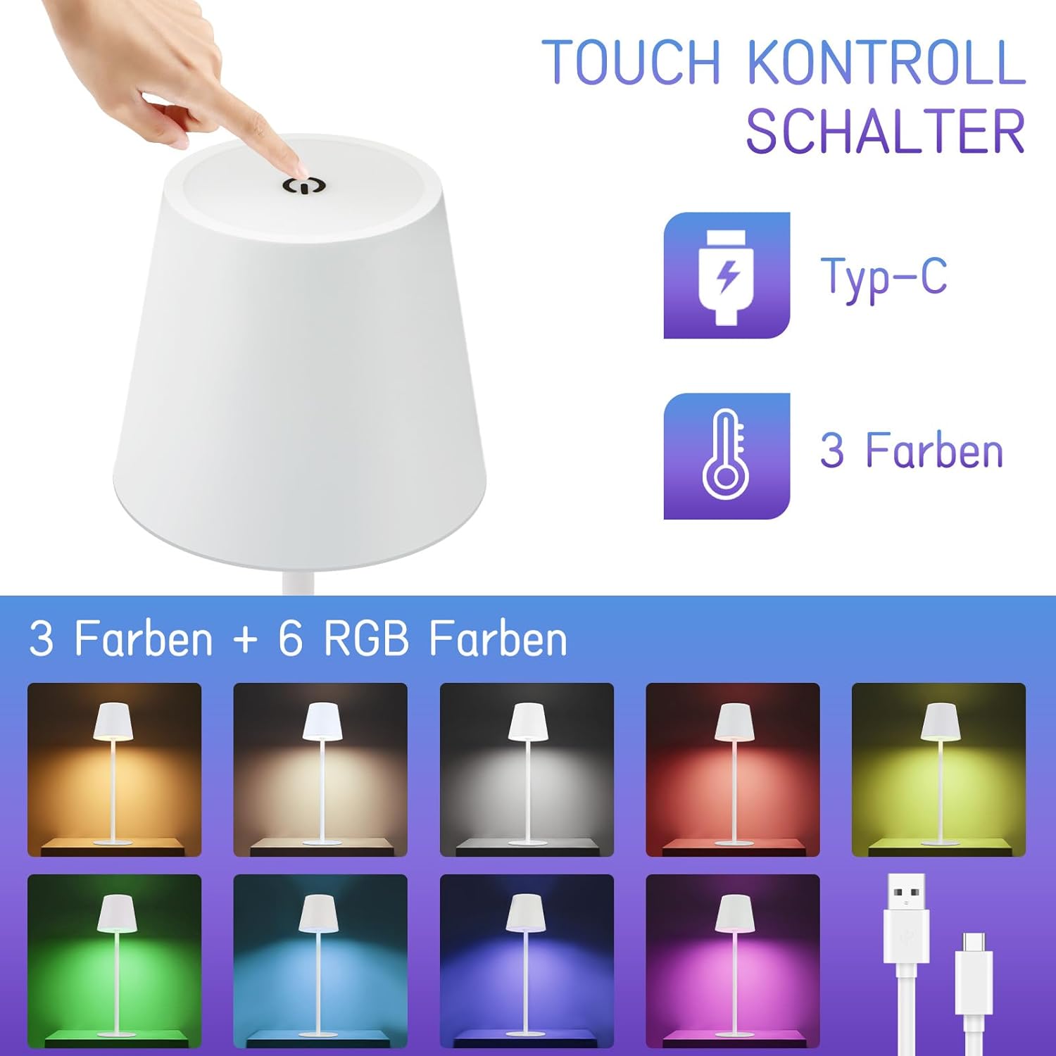 Homefire 2ER Tischlampe Kabellos LED Tischleuchte - Nachttischlampe RGB Touch Dimmbar Schreibtischlampe IP54 Bettlampe Tisch USB Nachttischleuchte Metall Aufladbar Weiß für Schreibtisch Nachttisch