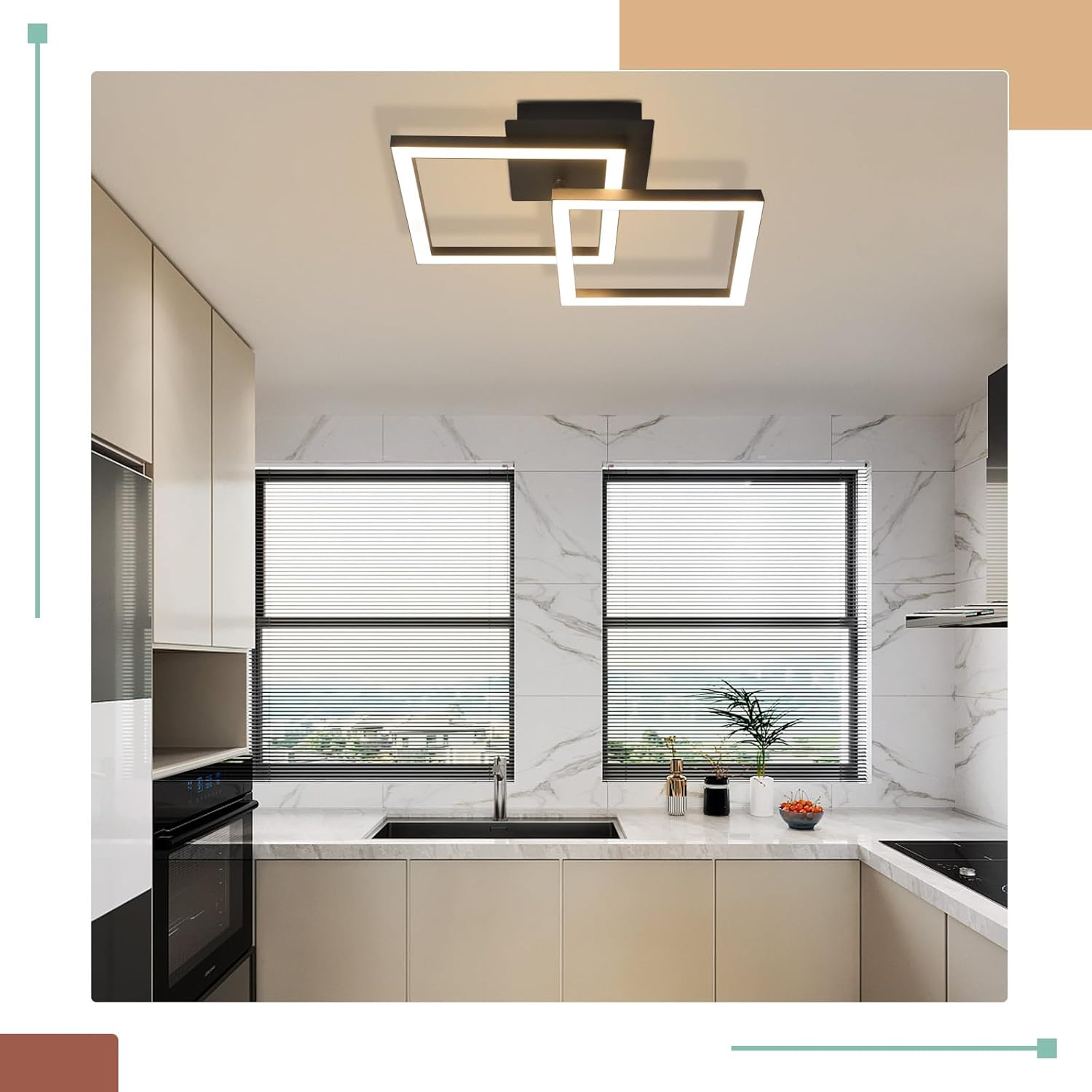 Homefire Deckenlampe LED Deckenleuchte Küche: 24W Küchenlampe Schwarz Wohnzimmerlampe Modern Design Flurlampe Warmweiß Flur Schlafzimmerlampe Eckig Deckenbeleuchtung für Wohnzimmer Schlafzimmer