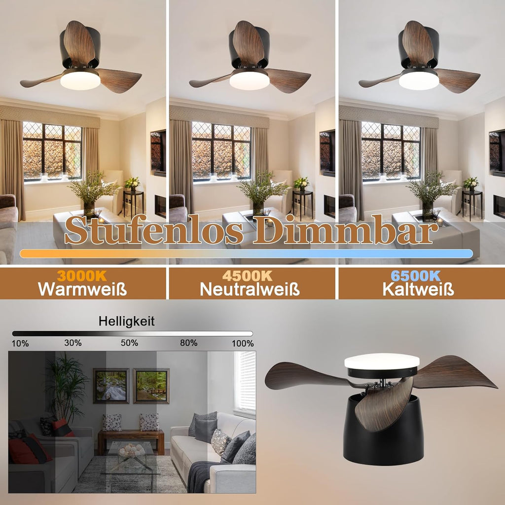 Homefire Deckenventilator Mit Beleuchtung und Fernbedienung Leise - 23W Dimmbar LED Deckenlampe mit Ventilator 70CM Schwarz Deckenventilatoren mit Licht Sommer/Winter 6-Gang Timer für Wohnzimmer Küche