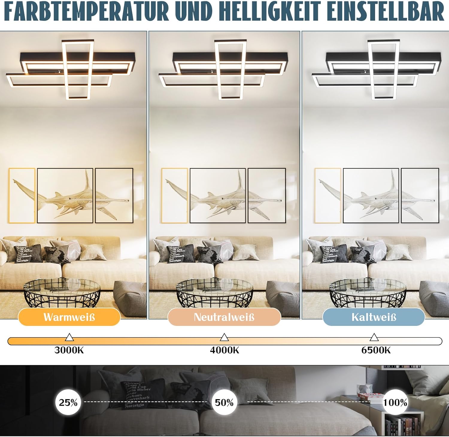 Homefire Deckenlampe LED Deckenleuchte Wohnzimmer - 54W Schwarz Dimmbar Schlafzimmerlampe Modern Design Küchenlampe mit Fernbedienung Wohnzimmerlampe Flur Rechteckig Deckenleuchten für Küche Esszimmer