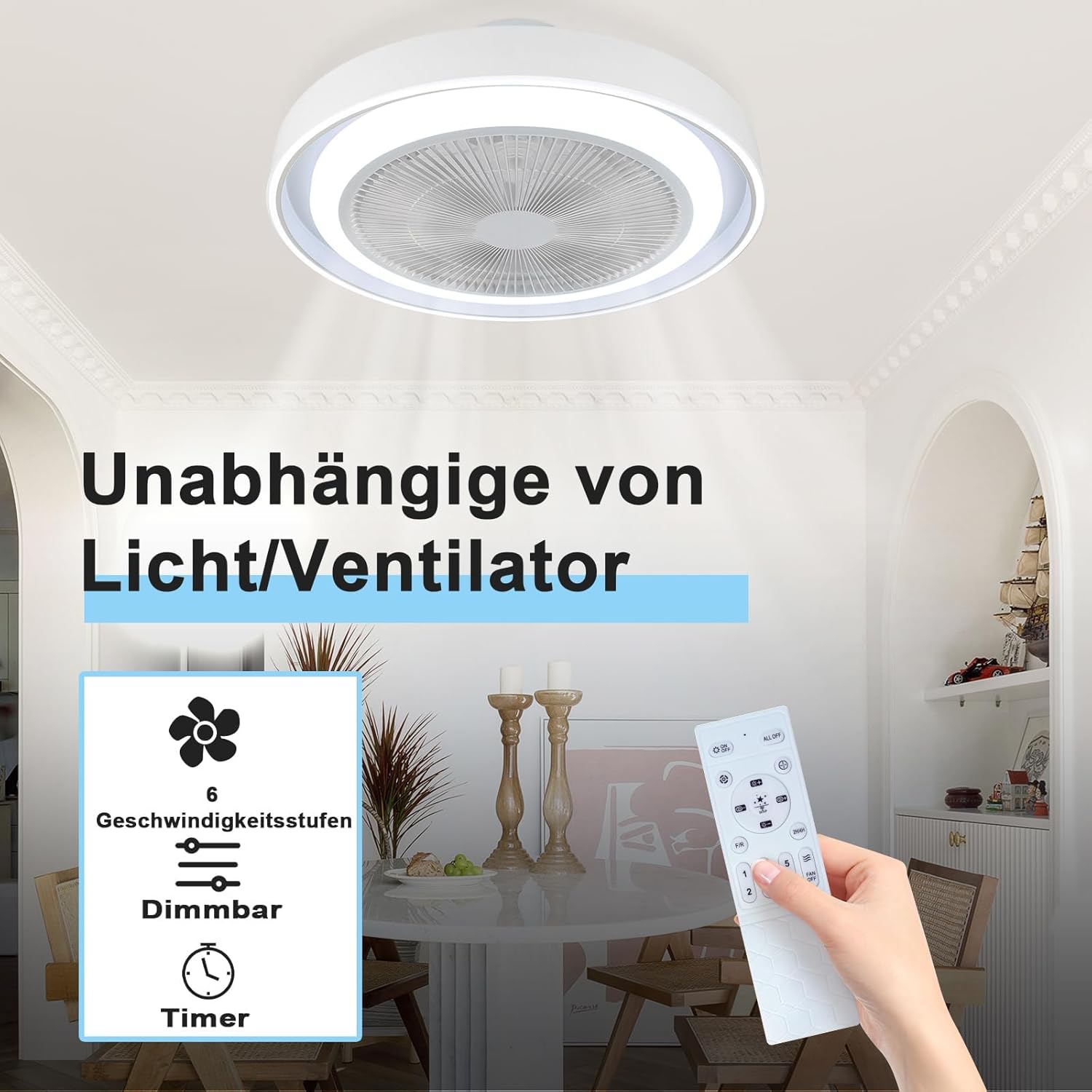 Homefire Deckenventilator mit Beleuchtung und Fernbedienung Leise - LED Dimmbar Deckenlampe mit Ventilator Lampe Decke Timing Deckenleuchte Modern Blau 5 Flügeln Licht für Schlafzimmer Wohnzimmer
