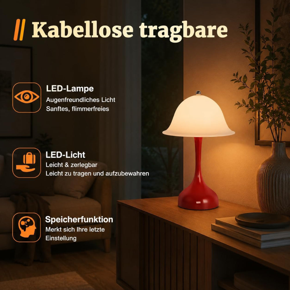 Nachttischlampe LED Tischlampe Kabellos - Akku Tischleuchte Touch Dimmbar 2000K-6500K Tischlampen USB Aufladbare Batterie Rot Nachttischlampen Modern Design Tischleuchten für Esstisch Esszimmer